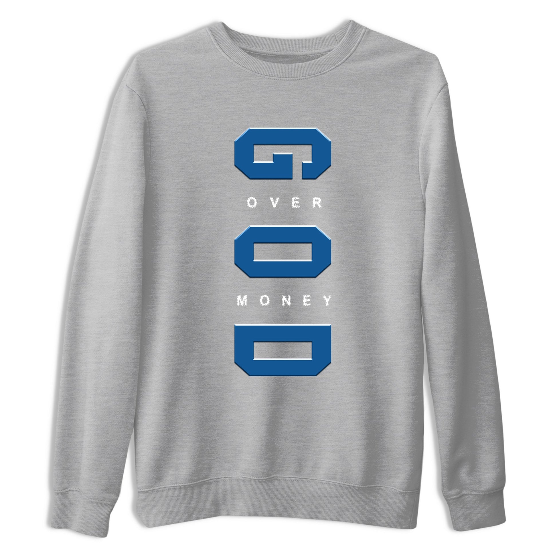 God Over Money sneaker match t-shirt styled to complete your fit with the Air Jordan 1 Travis Scott Fragment sneakers, shown in Heather Grey 2.