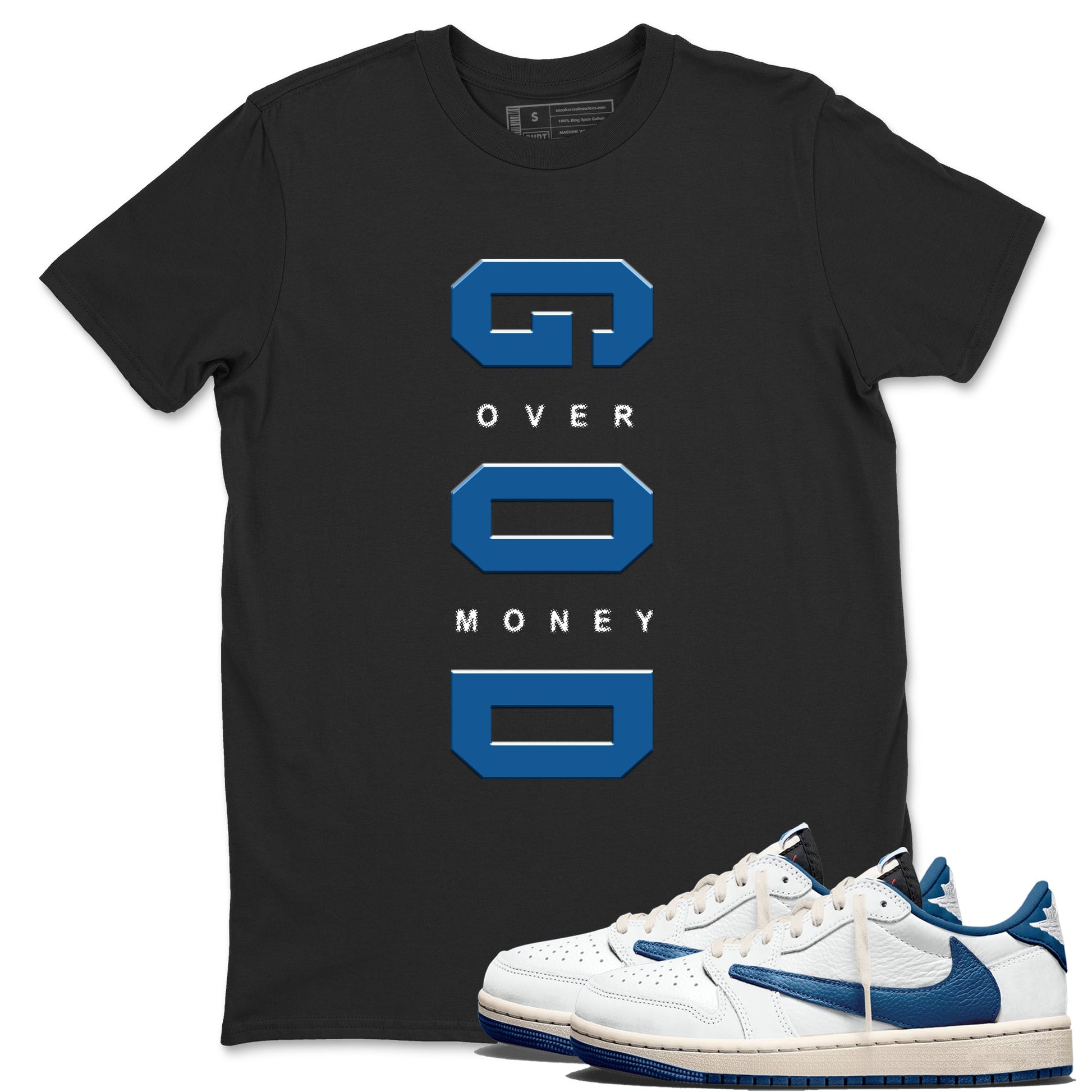God Over Money sneaker match t-shirt styled to complete your fit with the Air Jordan 1 Travis Scott Fragment sneakers, shown in Black 1.