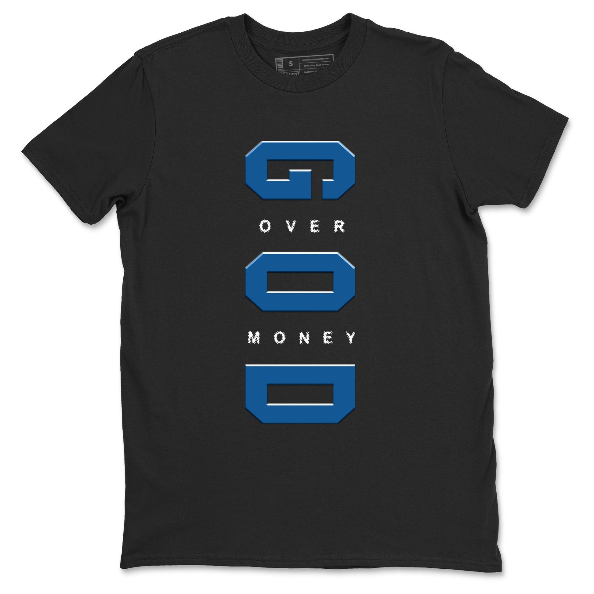 God Over Money sneaker match t-shirt styled to complete your fit with the Air Jordan 1 Travis Scott Fragment sneakers, shown in Black 2.