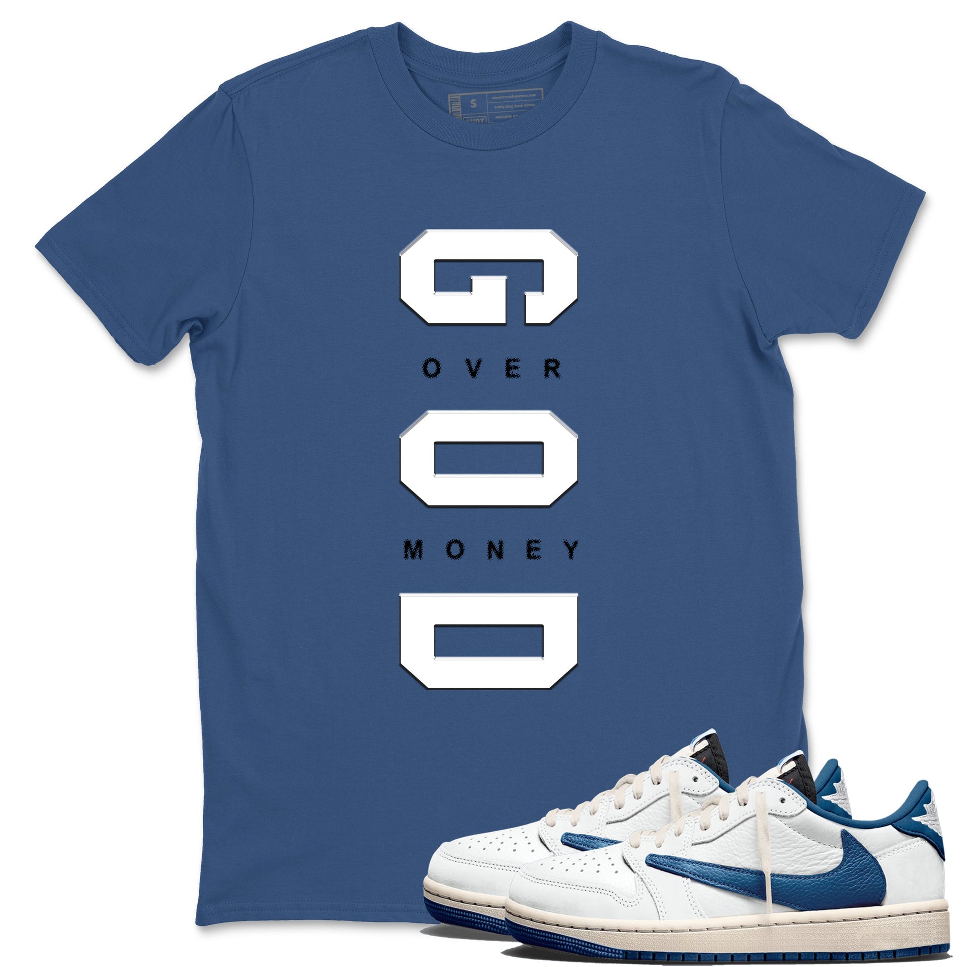 God Over Money sneaker match t-shirt styled to complete your fit with the Air Jordan 1 Travis Scott Fragment sneakers, shown in Denim Blue 1.