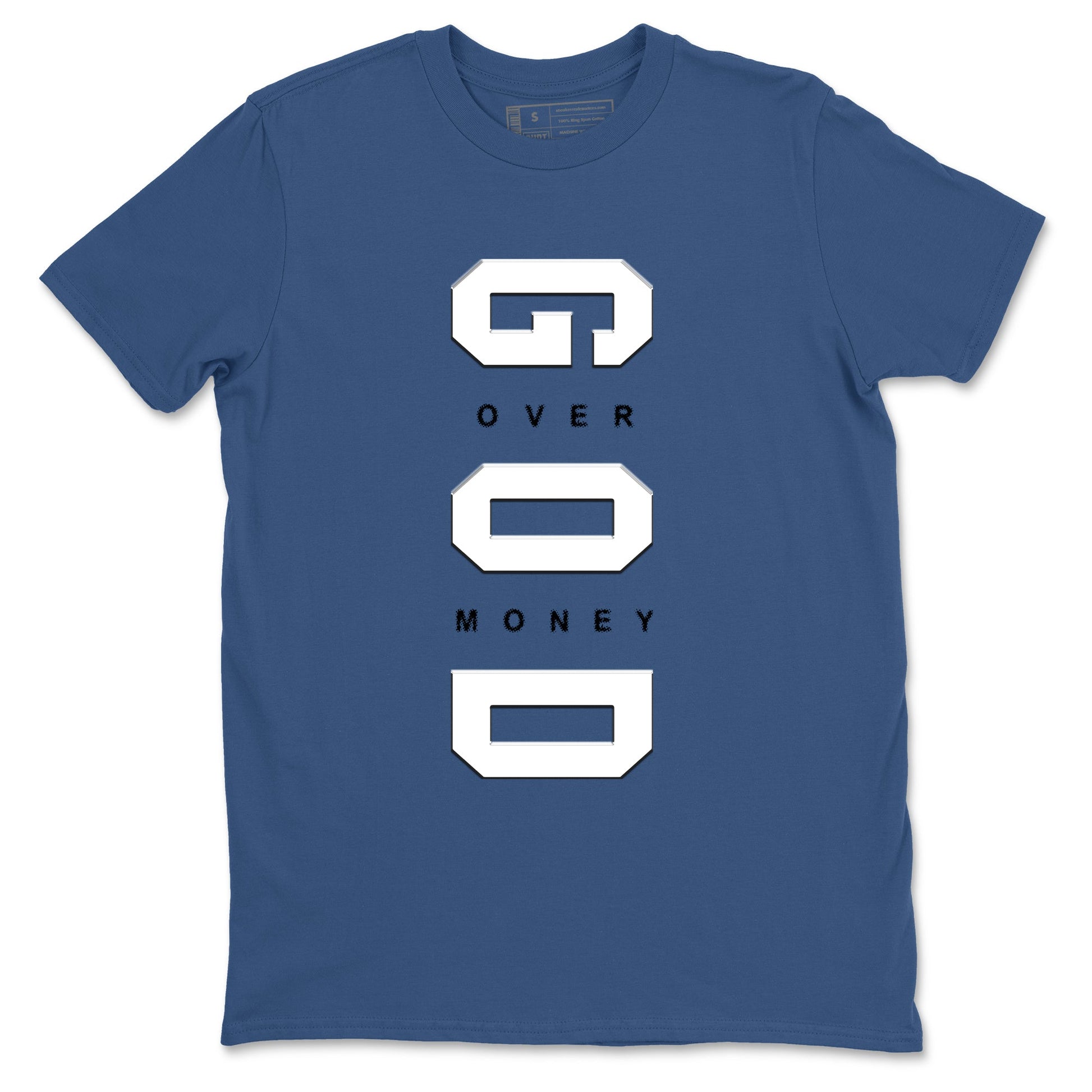 God Over Money sneaker match t-shirt styled to complete your fit with the Air Jordan 1 Travis Scott Fragment sneakers, shown in Denim Blue 2.