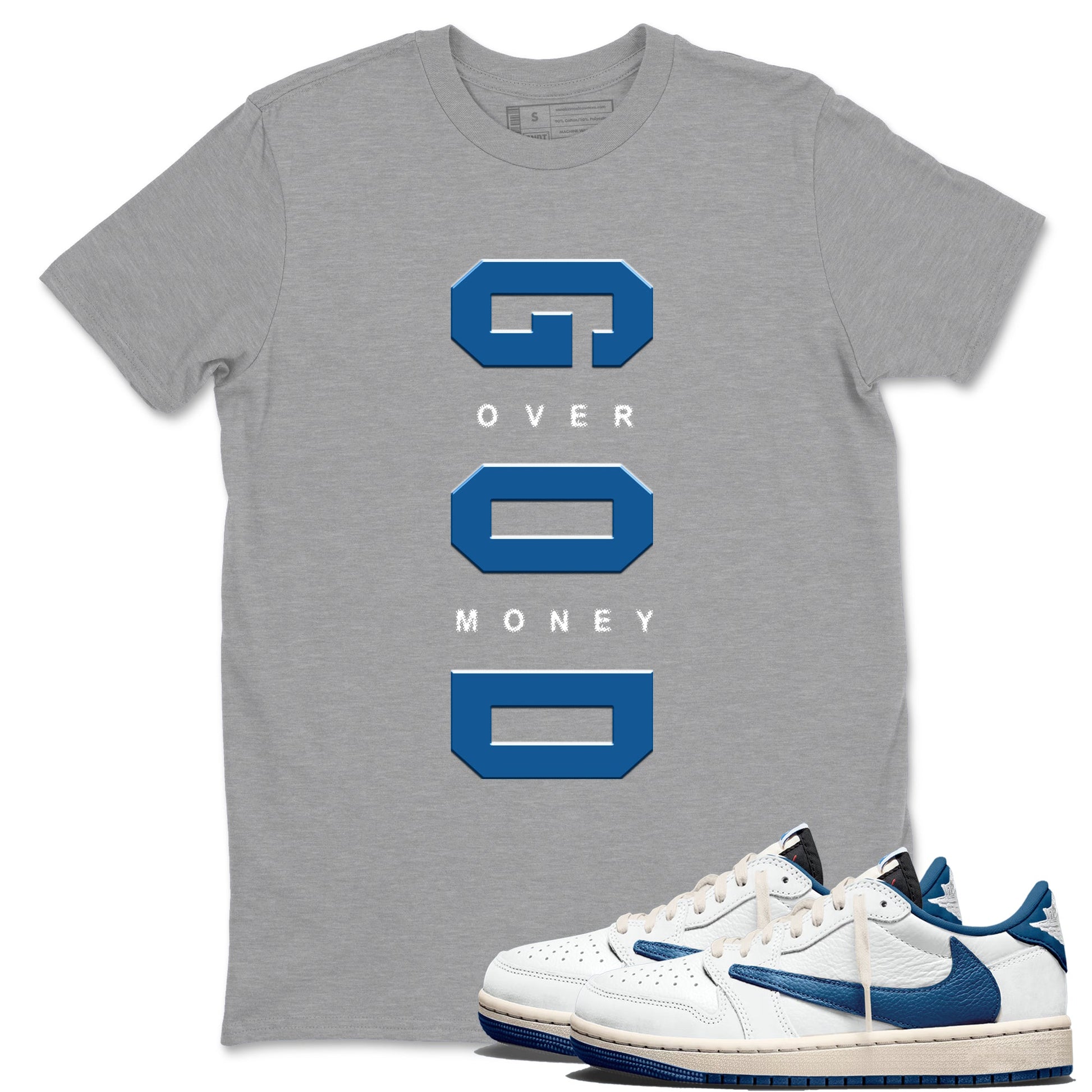 God Over Money sneaker match t-shirt styled to complete your fit with the Air Jordan 1 Travis Scott Fragment sneakers, shown in Heather Grey 1.