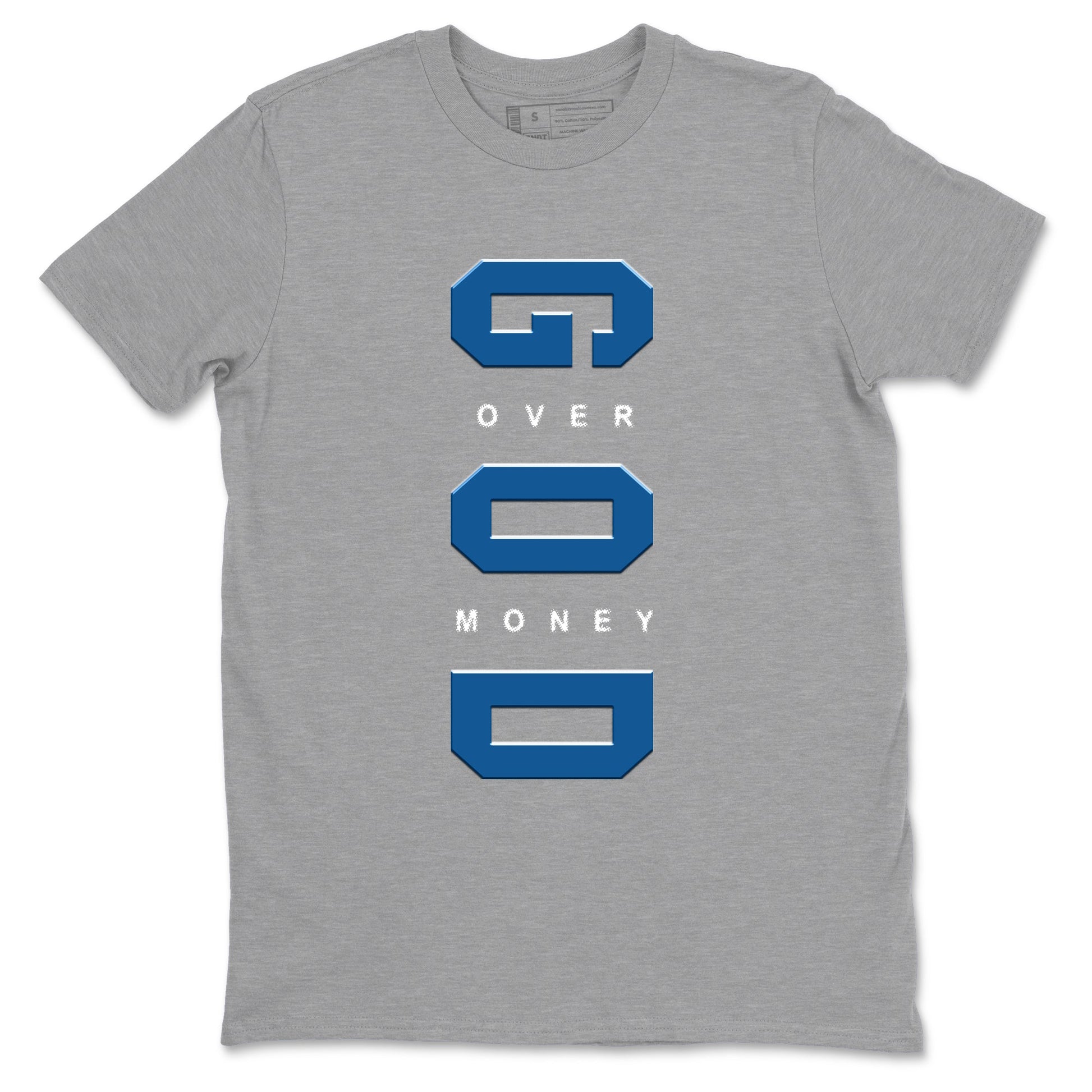 God Over Money sneaker match t-shirt styled to complete your fit with the Air Jordan 1 Travis Scott Fragment sneakers, shown in Heather Grey 2.