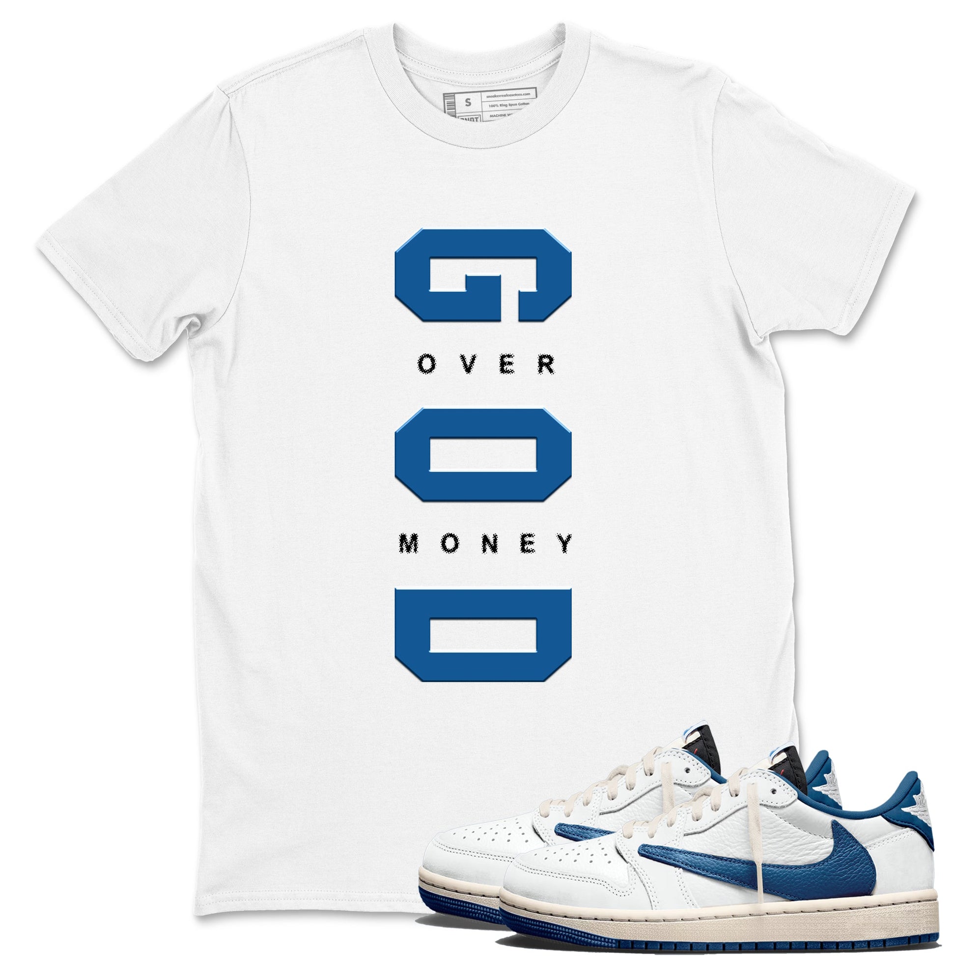 God Over Money sneaker match t-shirt styled to complete your fit with the Air Jordan 1 Travis Scott Fragment sneakers, shown in White 1.