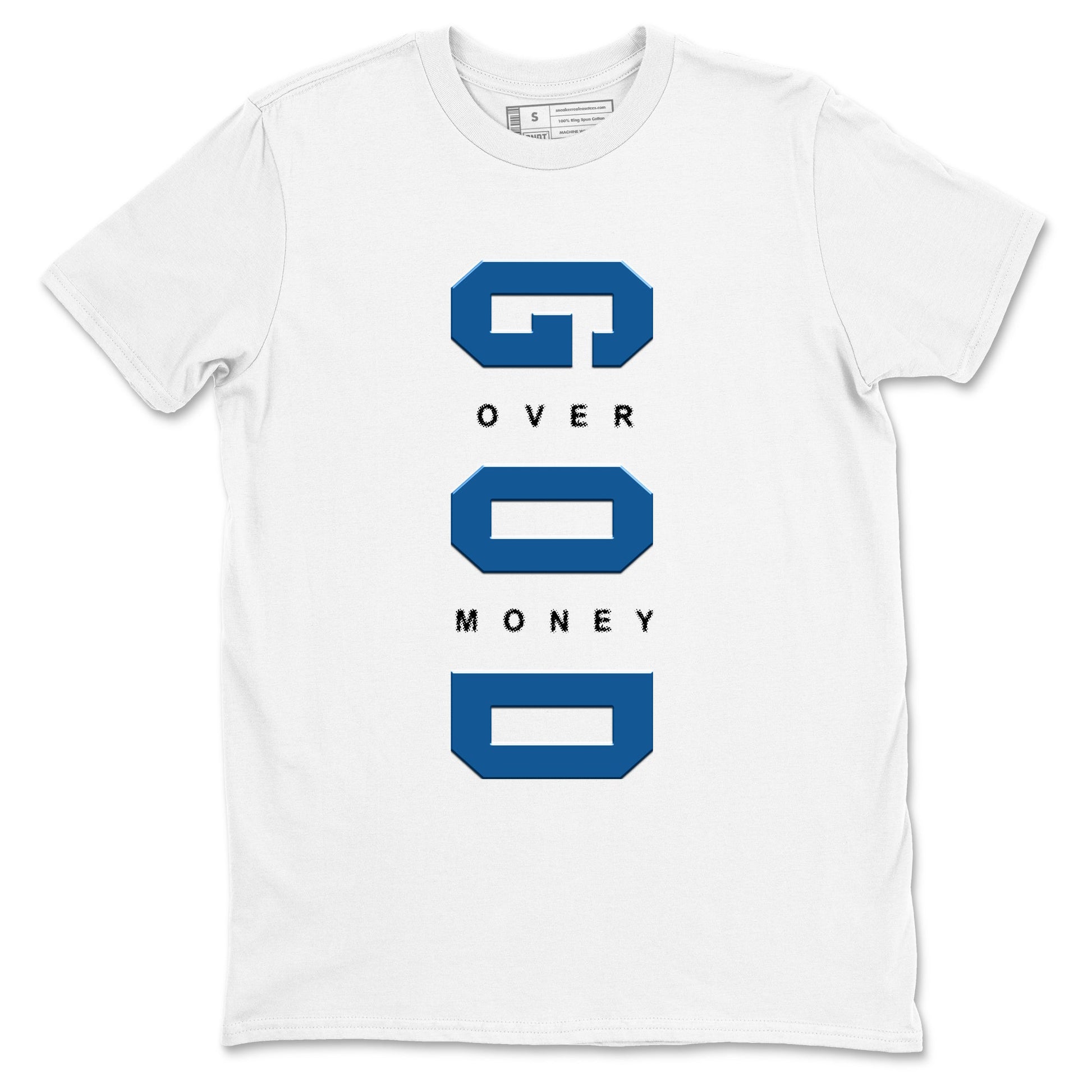 God Over Money sneaker match t-shirt styled to complete your fit with the Air Jordan 1 Travis Scott Fragment sneakers, shown in White 2.