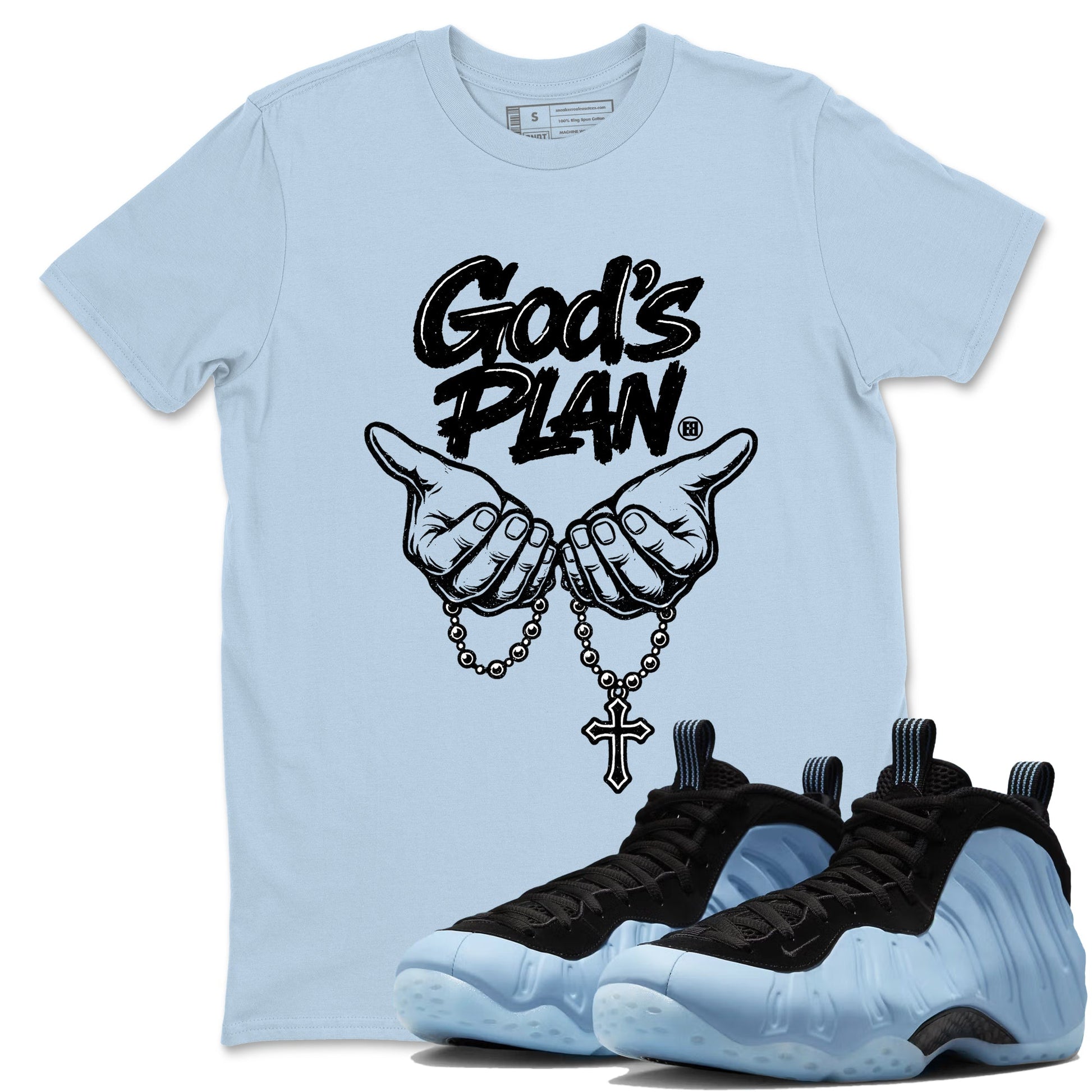 God's Plan sneaker match t-shirt styled to complete your fit with the Air Foamposite One Psychic Blue sneakers, shown in Light Blue 1.