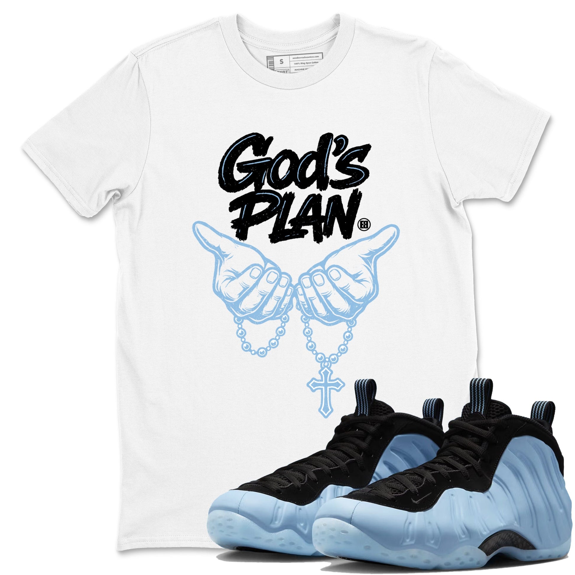 God's Plan sneaker match t-shirt styled to complete your fit with the Air Foamposite One Psychic Blue sneakers, shown in White 1.