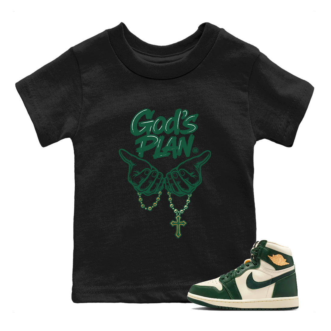 Sneaker Threads – Sneaker Tees To Match Air Jordan 1 Pro Green – God's Plan Youth Graphic Tee Black 1. Perfect for Jordan releases 2025 colorways.