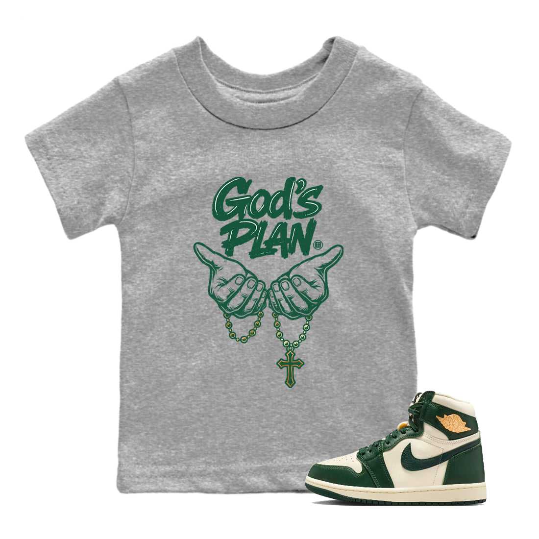 Sneaker Threads – Sneaker Tees To Match Air Jordan 1 Pro Green – God's Plan Youth Graphic Tee Heather Grey 1. Perfect for Jordan releases 2025 colorways.