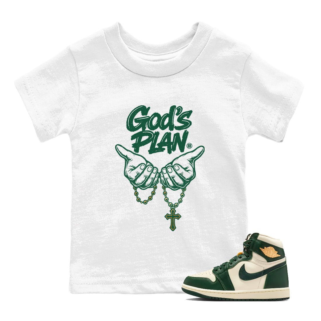 Sneaker Threads – Sneaker Tees To Match Air Jordan 1 Pro Green – God's Plan Youth Graphic Tee White 1. Perfect for Jordan releases 2025 colorways.