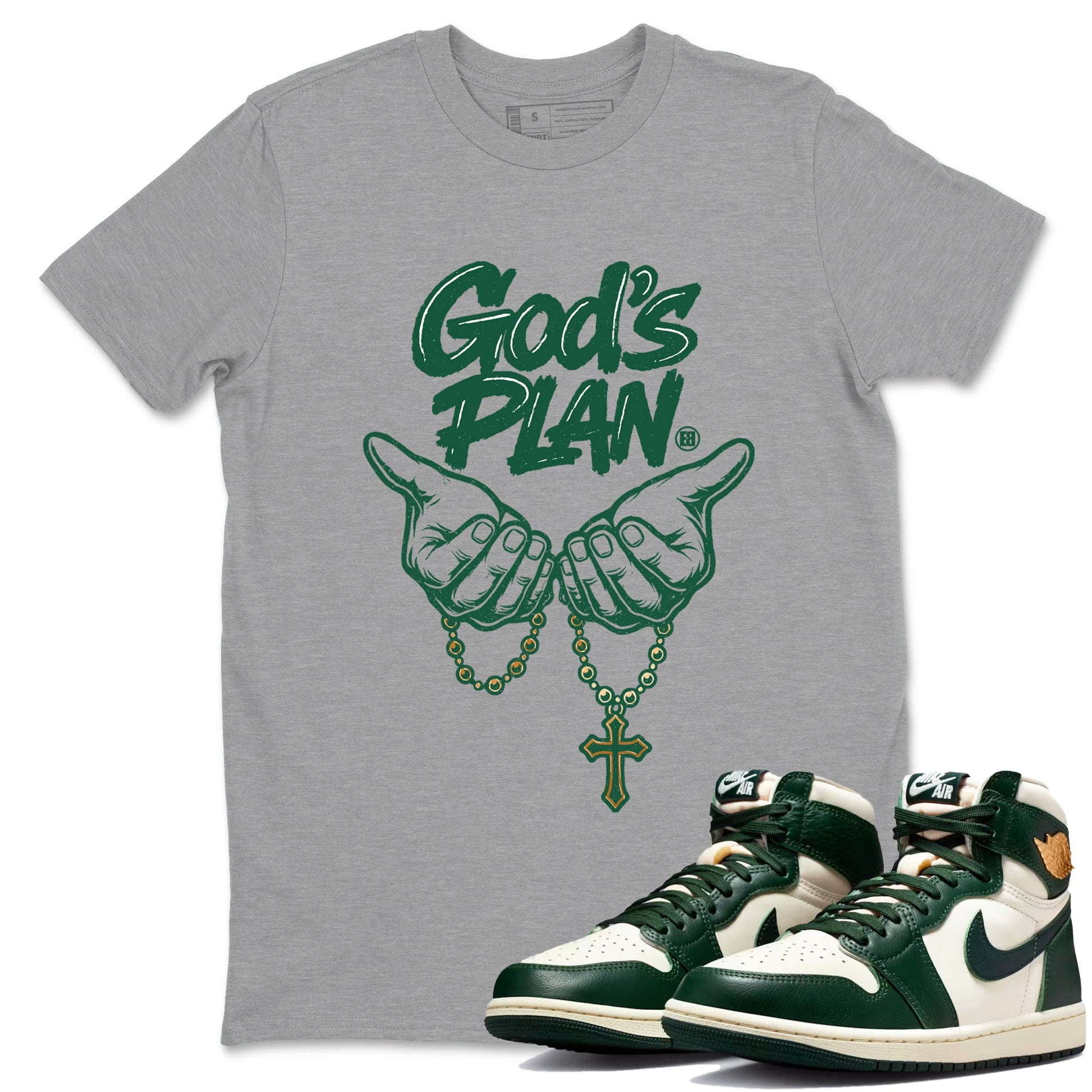 Sneaker Threads – Sneaker Tees To Match Air Jordan 1 Pro Green – God's Plan Graphic Tee Heather Grey 1. Perfect for Jordan releases 2025 colorways.