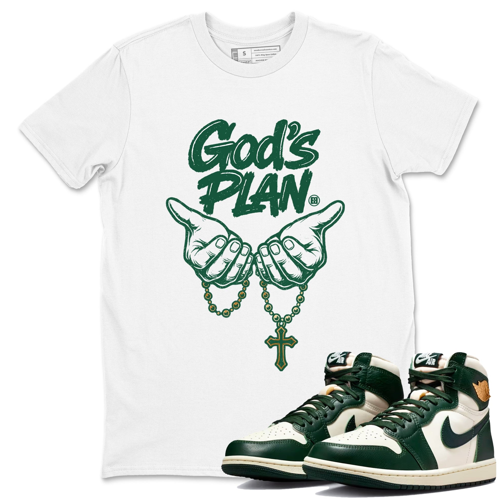 Sneaker Threads – Sneaker Tees To Match Air Jordan 1 Pro Green – God's Plan Graphic Tee White 1. Perfect for Jordan releases 2025 colorways.