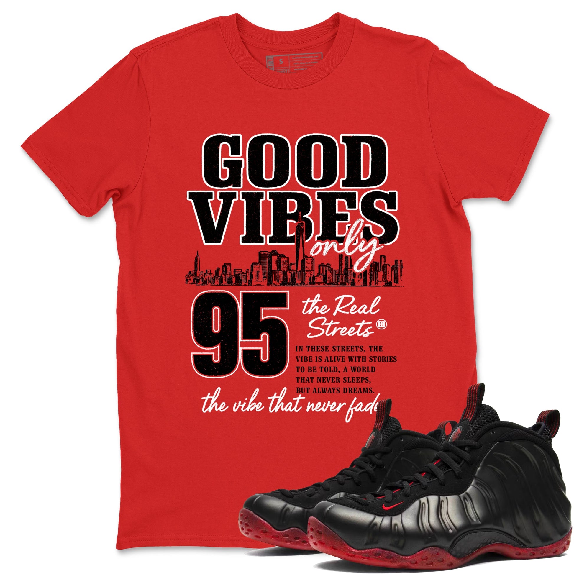 Sneaker match tees – Sneaker Tees To Match Air Foamposite Cough Drop Shoes – Good Vibes Only Tee Red 1