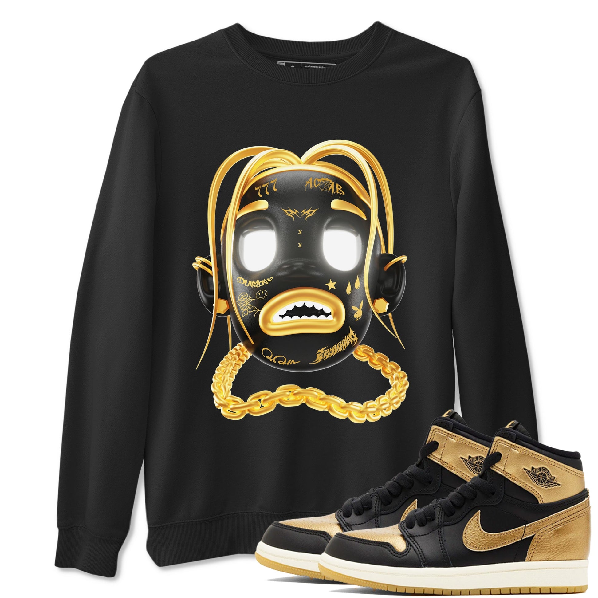 1s Black Metallic Gold shirts to match jordans Goosebumps Boy sneaker match tees Air Jordan 1 Black Metallic Gold SNRT Sneaker Tees streetwear brand Black 1 unisex cotton tee