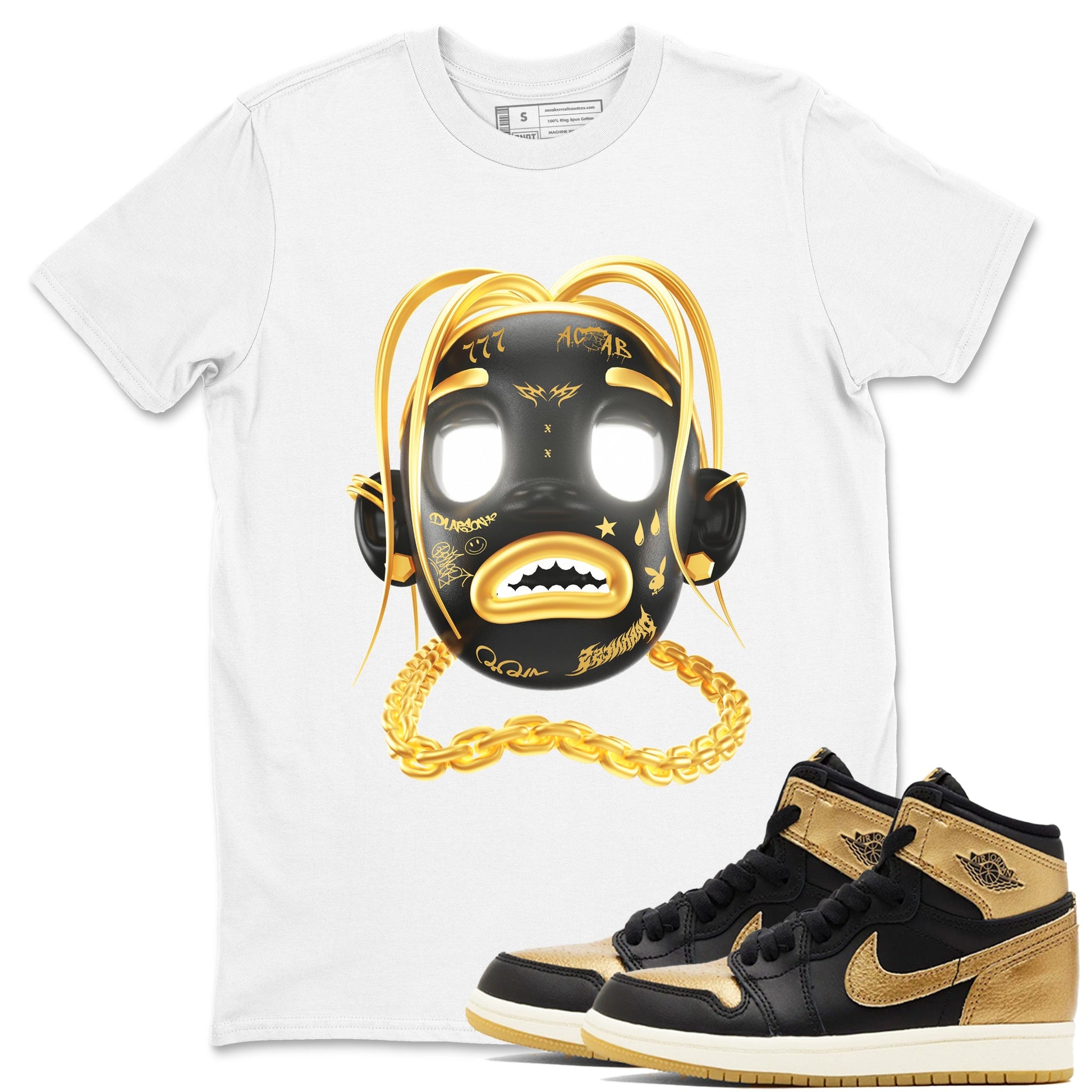1s Black Metallic Gold shirts to match jordans Goosebumps Boy sneaker match tees Air Jordan 1 Black Metallic Gold SNRT Sneaker Tees streetwear brand White 1 unisex cotton tee