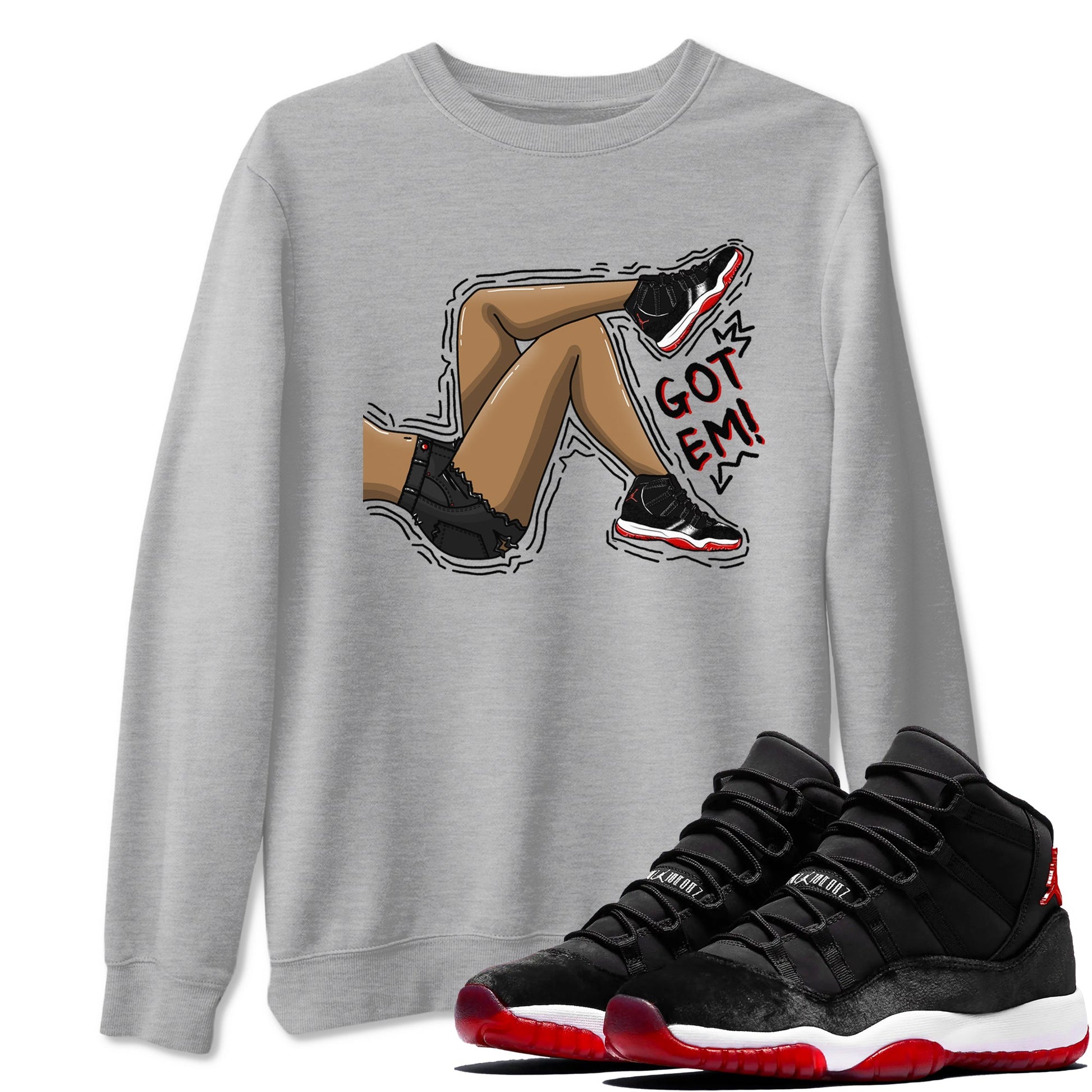 11s Bred Velvet shirts to match jordans Got Em Legs sneaker match tees Air Jordan 11 Bred Velvet match shoes to clothes SNRT Sneaker Tees unisex cotton Heather Grey 1 shirts