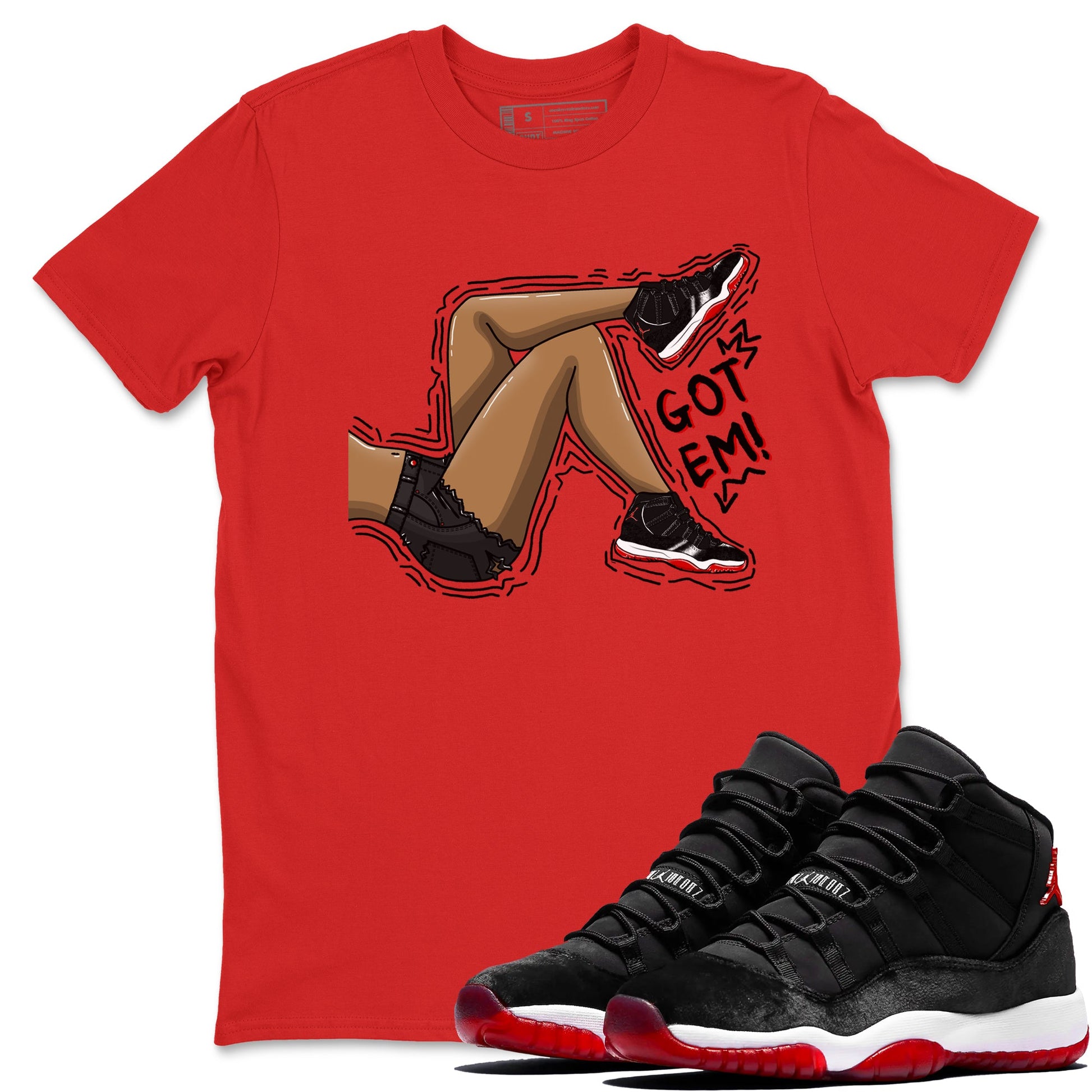 11s Bred Velvet shirts to match jordans Got Em Legs sneaker match tees Air Jordan 11 Bred Velvet match shoes to clothes SNRT Sneaker Tees unisex cotton Red 1 shirts