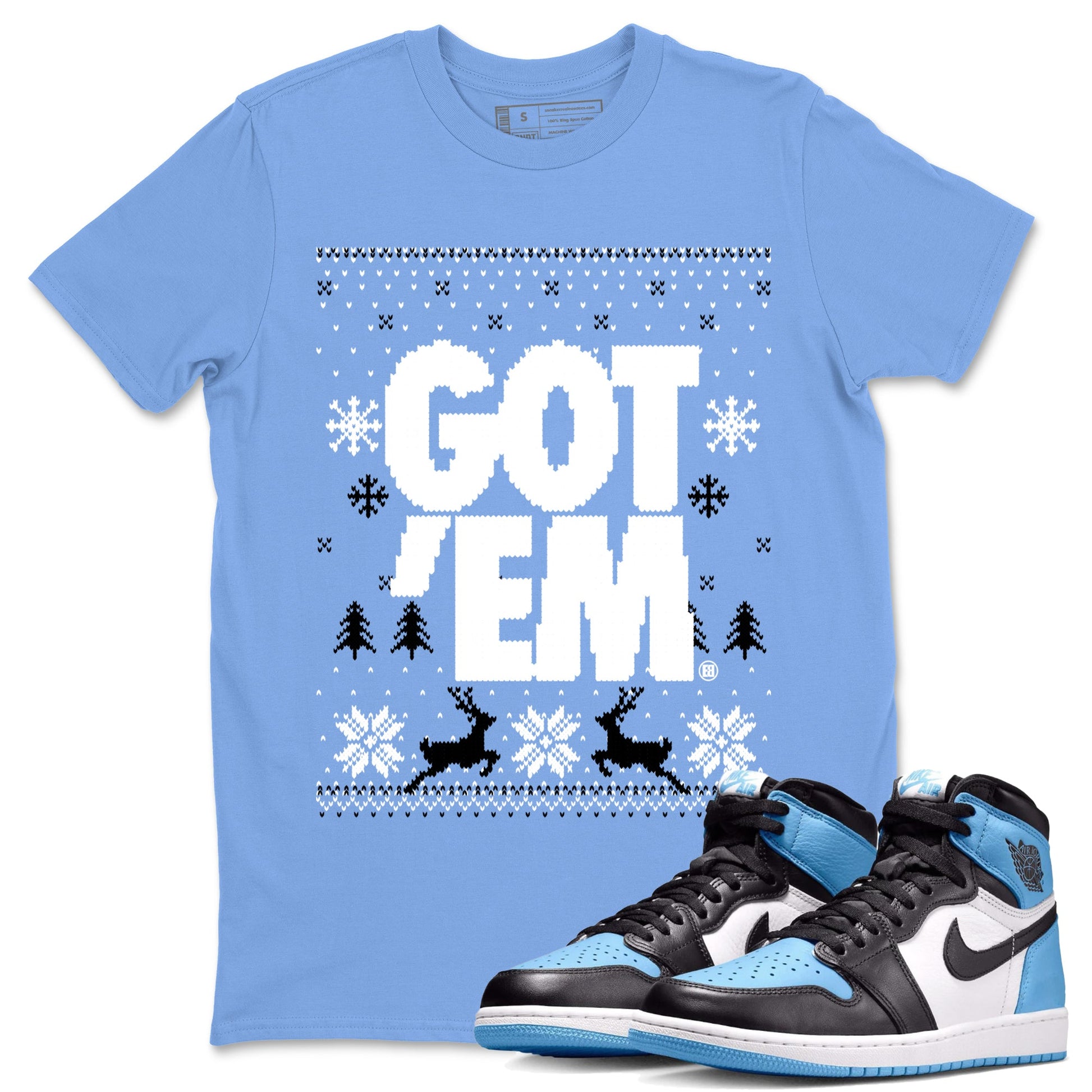 1s UNC Toe shirts to match jordans Christmas Gift Got Em Ugly Sweater sneaker match tees Air Jordan 1 High OG UNC Toe match shoes to clothes SNRT Sneaker Tees unisex cotton Carolina Blue 1 shirts