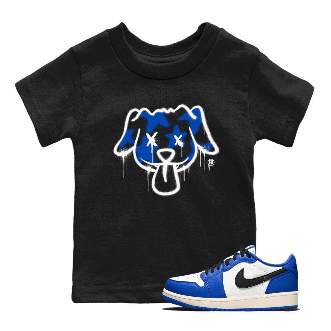 1s Game Royal shirts to match jordans Graffiti Dog sneaker match tees Air Jordan 1 Retro Low OG Game Royal match shoes to clothes SNRT Sneaker Tees Youth Baby Black 1 tee