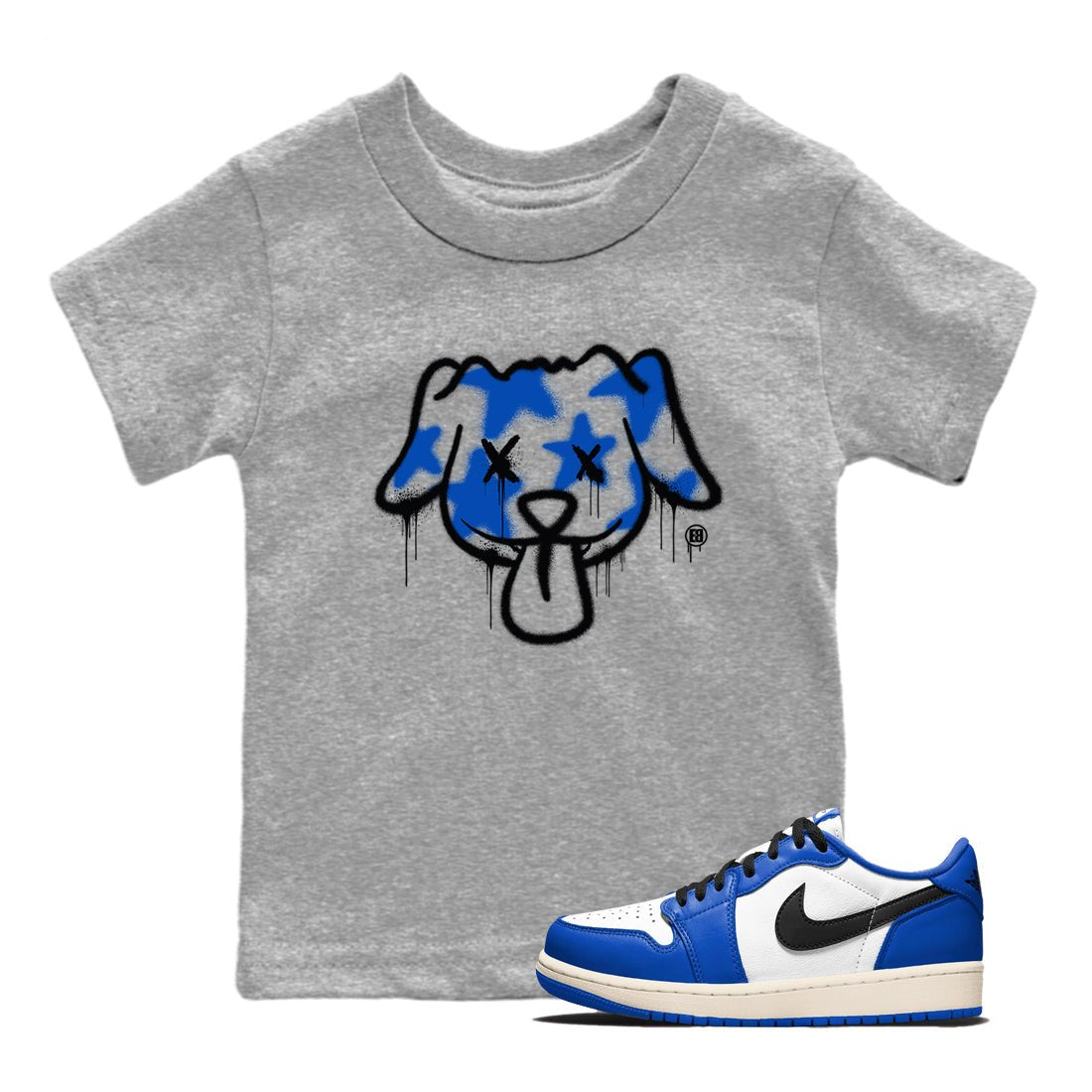 1s Game Royal shirts to match jordans Graffiti Dog sneaker match tees Air Jordan 1 Retro Low OG Game Royal match shoes to clothes SNRT Sneaker Tees Youth Baby Heather Grey 1 tee
