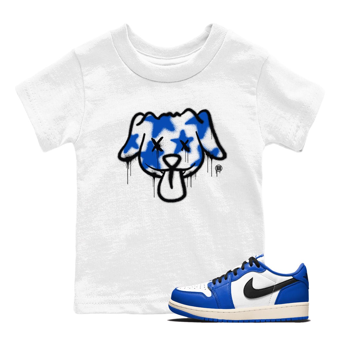 1s Game Royal shirts to match jordans Graffiti Dog sneaker match tees Air Jordan 1 Retro Low OG Game Royal match shoes to clothes SNRT Sneaker Tees Youth Baby White 1 tee