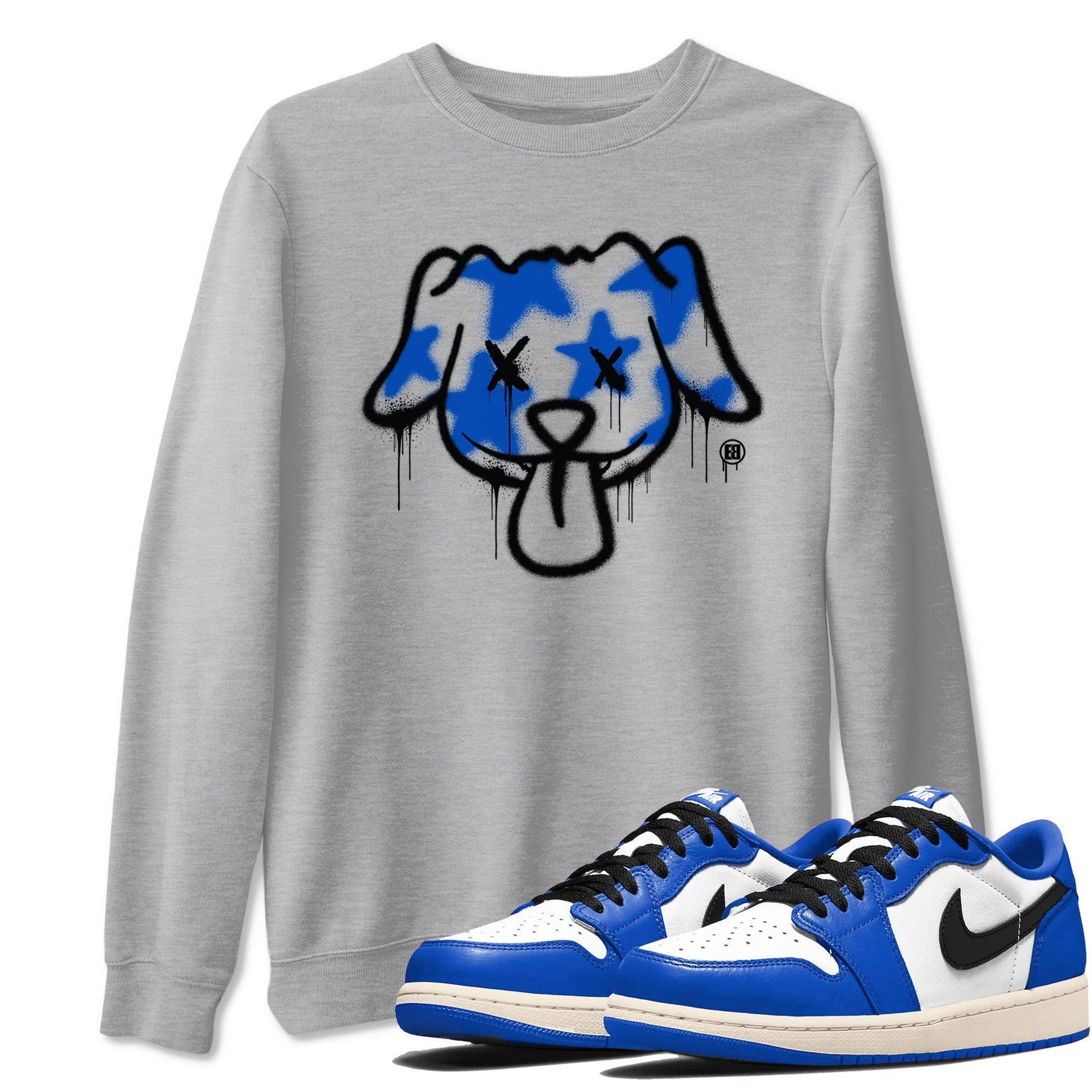 1s Game Royal shirts to match jordans Graffiti Dog sneaker match tees Air Jordan 1 Retro Low OG Game Royal match shoes to clothes SNRT Sneaker Tees unisex cotton Heather Grey 1 shirts