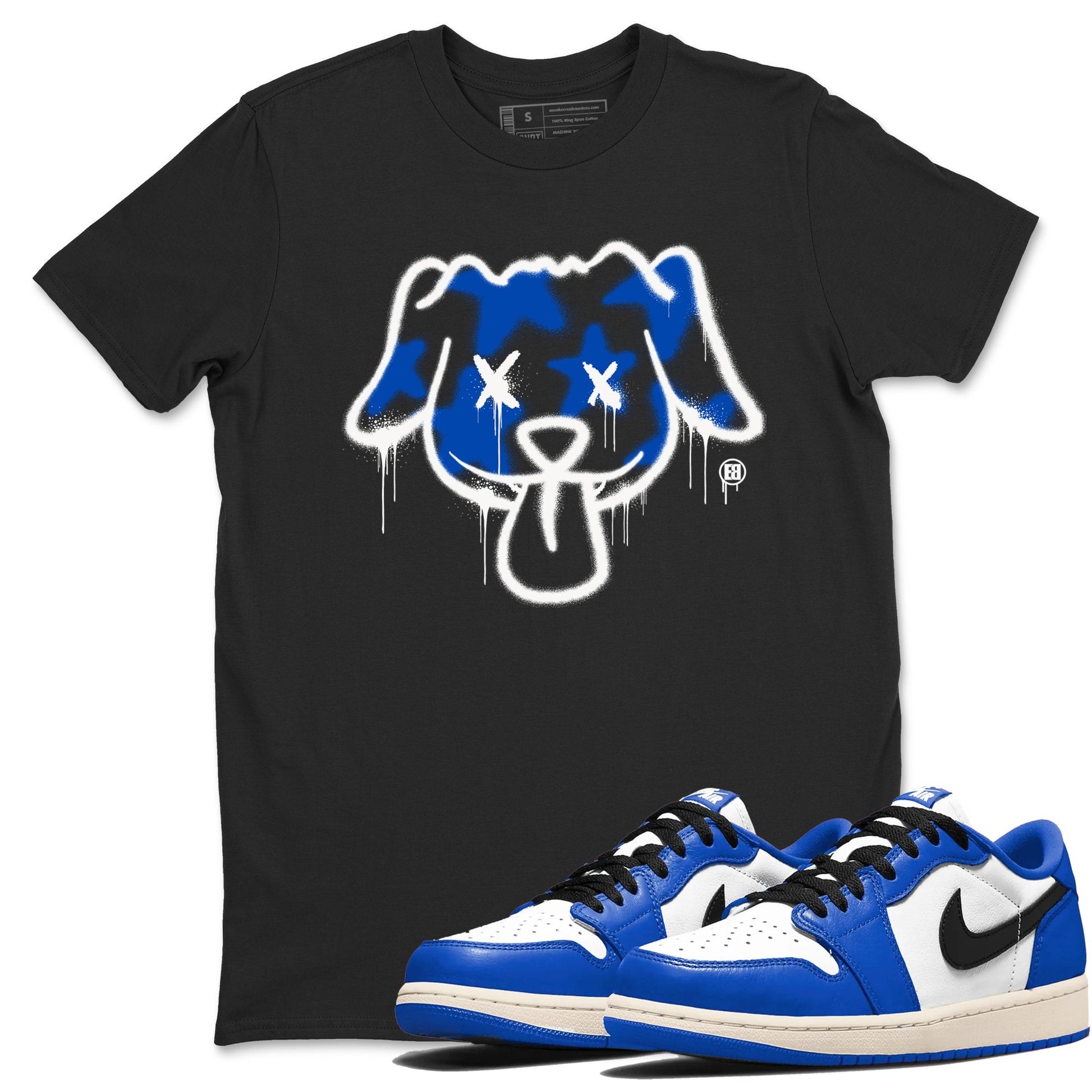 1s Game Royal shirts to match jordans Graffiti Dog sneaker match tees Air Jordan 1 Retro Low OG Game Royal match shoes to clothes SNRT Sneaker Tees unisex cotton Black 1 shirts