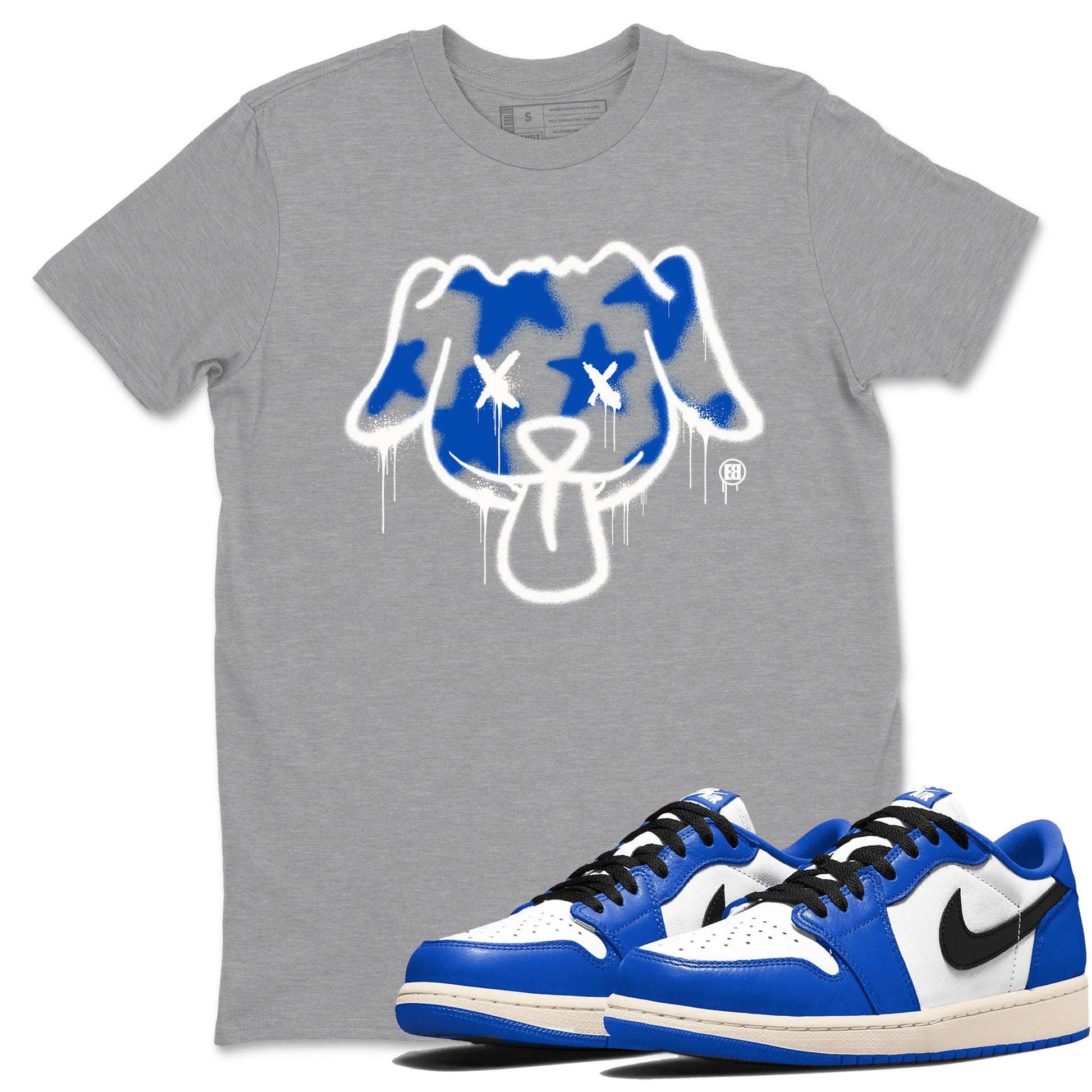 1s Game Royal shirts to match jordans Graffiti Dog sneaker match tees Air Jordan 1 Retro Low OG Game Royal match shoes to clothes SNRT Sneaker Tees unisex cotton Heather Grey 1 shirts