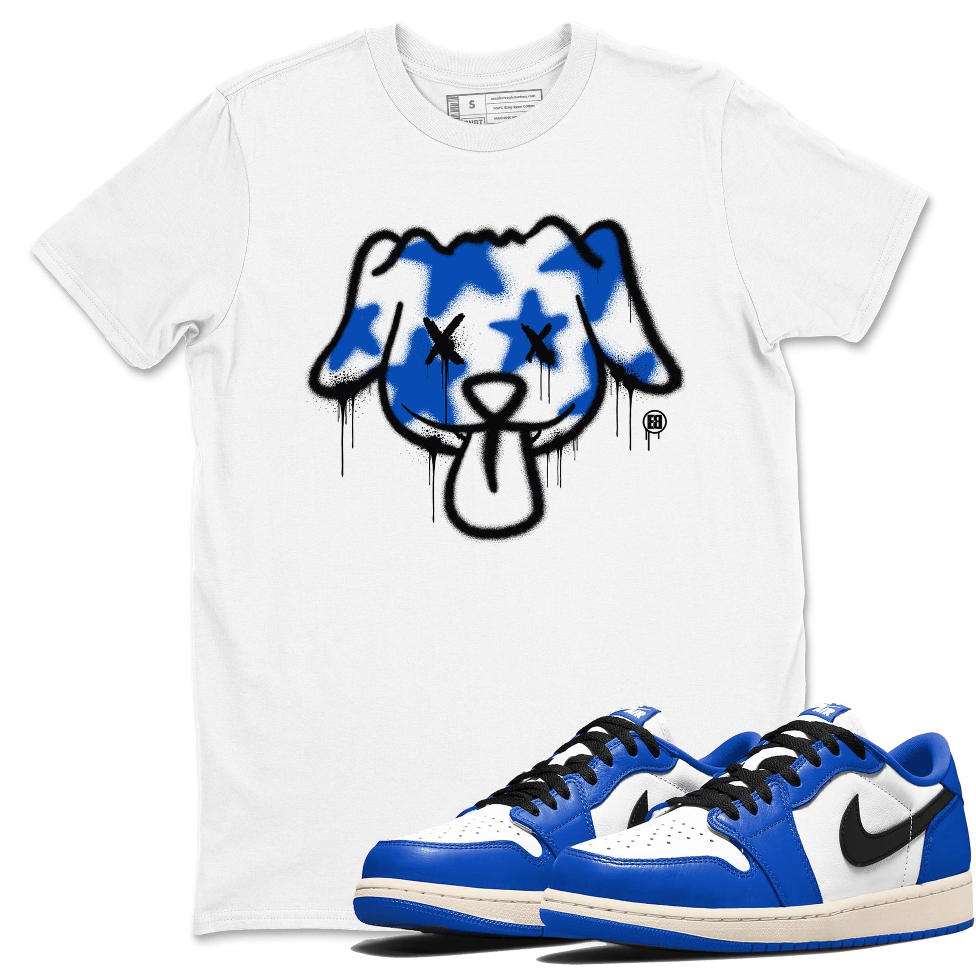 1s Game Royal shirts to match jordans Graffiti Dog sneaker match tees Air Jordan 1 Retro Low OG Game Royal match shoes to clothes SNRT Sneaker Tees unisex cotton White 1 shirts