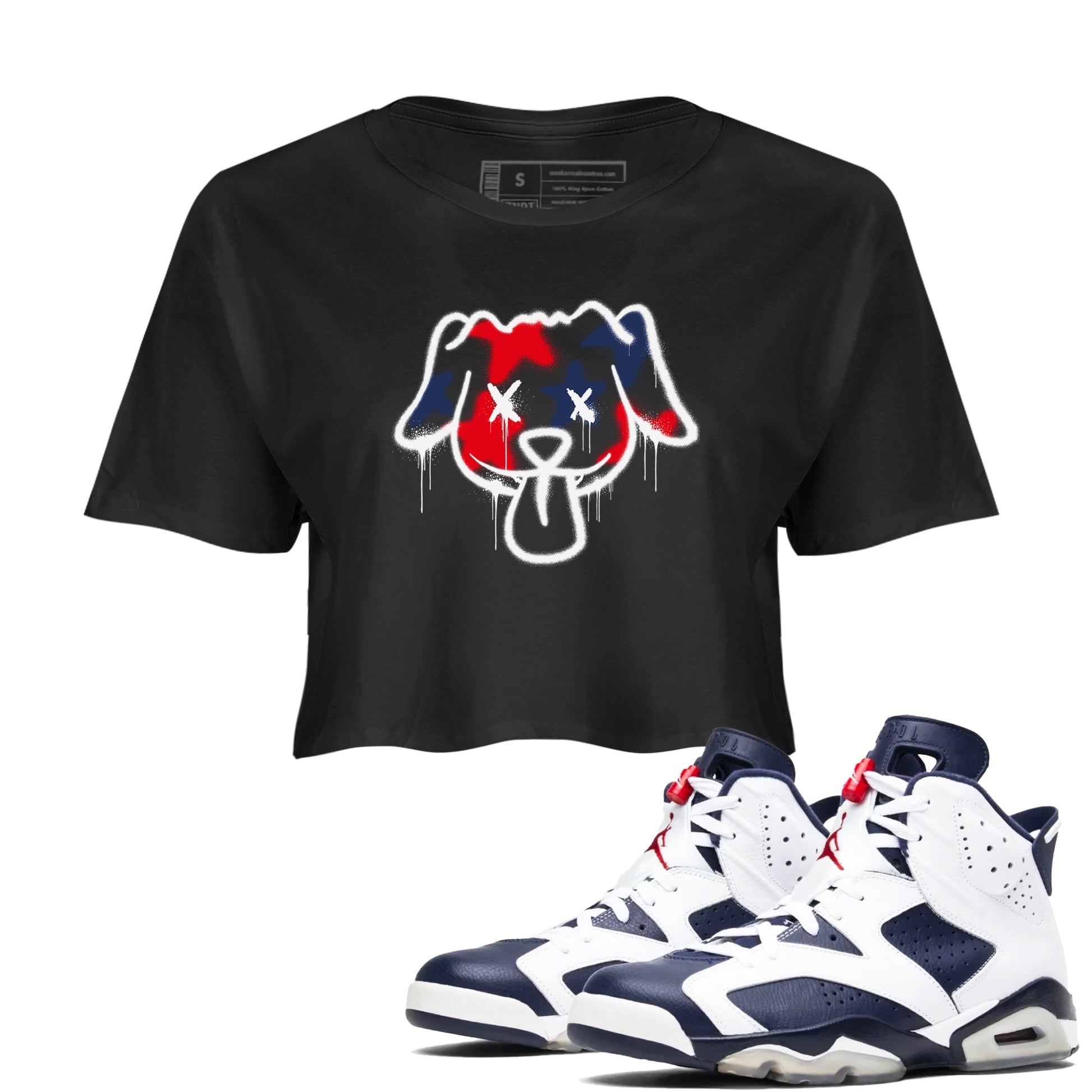 6s White And Midnight Navy shirts to match jordans Graffiti Dog sneaker match tees Air Jordan 6 White And Midnight Navy SNRT Sneaker Tees streetwear brand Black 1 crop tee