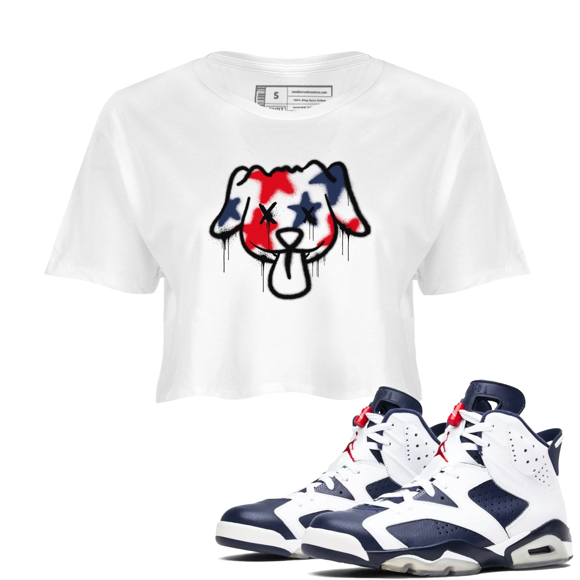 6s White And Midnight Navy shirts to match jordans Graffiti Dog sneaker match tees Air Jordan 6 White And Midnight Navy SNRT Sneaker Tees streetwear brand White 1 crop tee