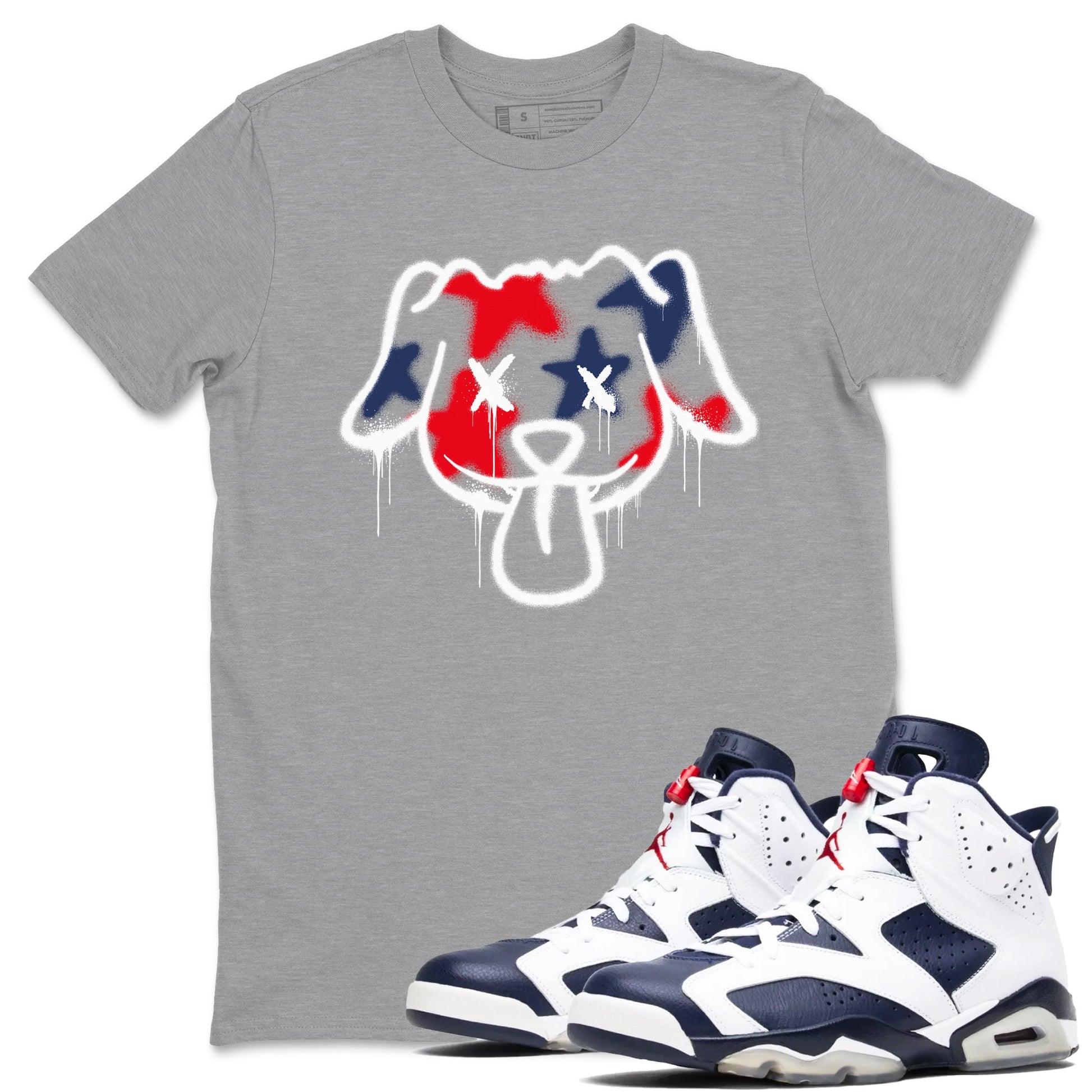 6s White And Midnight Navy shirts to match jordans Graffiti Dog sneaker match tees Air Jordan 6 White And Midnight Navy SNRT Sneaker Tees streetwear brand Heather Grey 1 unisex cotton tee