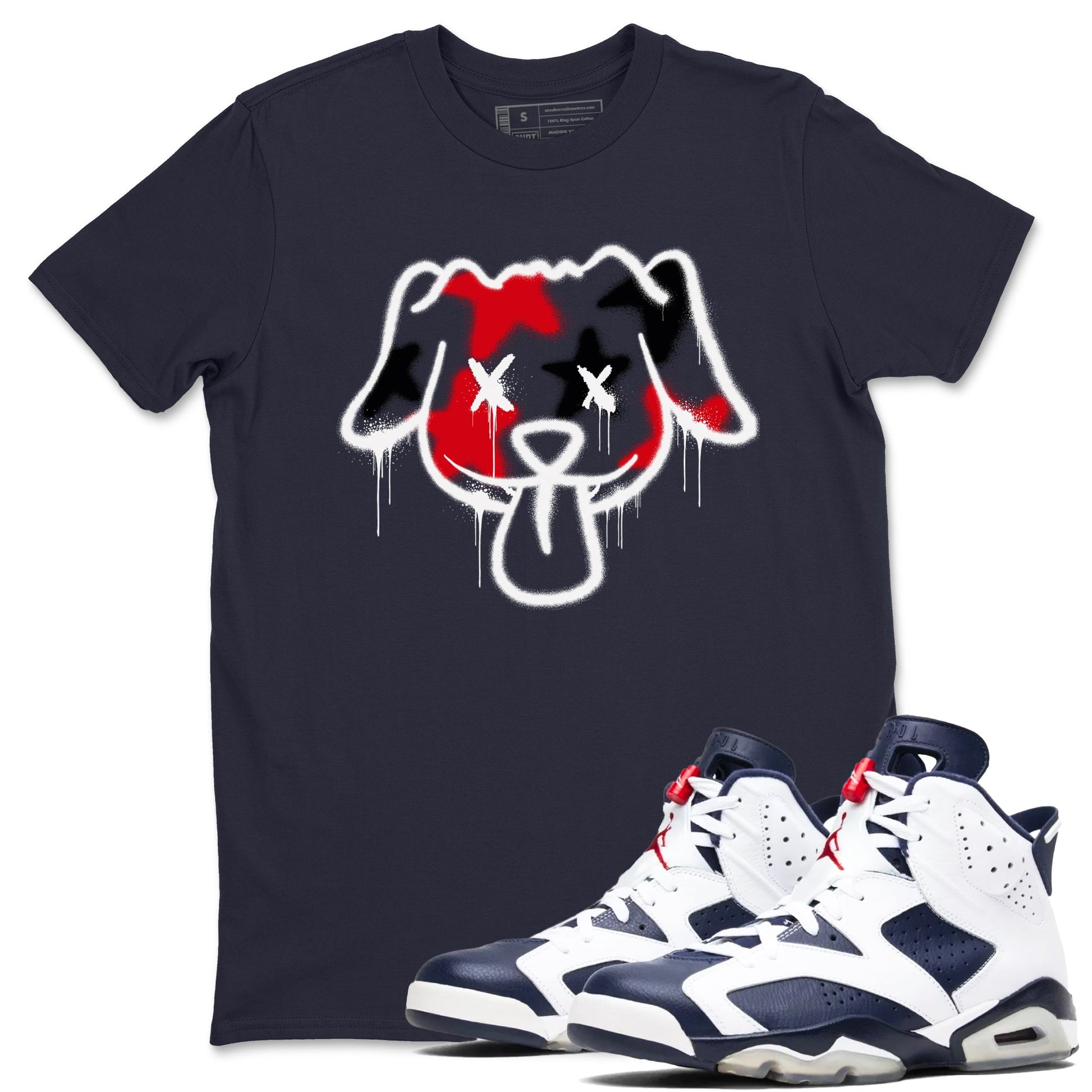 6s White And Midnight Navy shirts to match jordans Graffiti Dog sneaker match tees Air Jordan 6 White And Midnight Navy SNRT Sneaker Tees streetwear brand Navy 1 unisex cotton tee