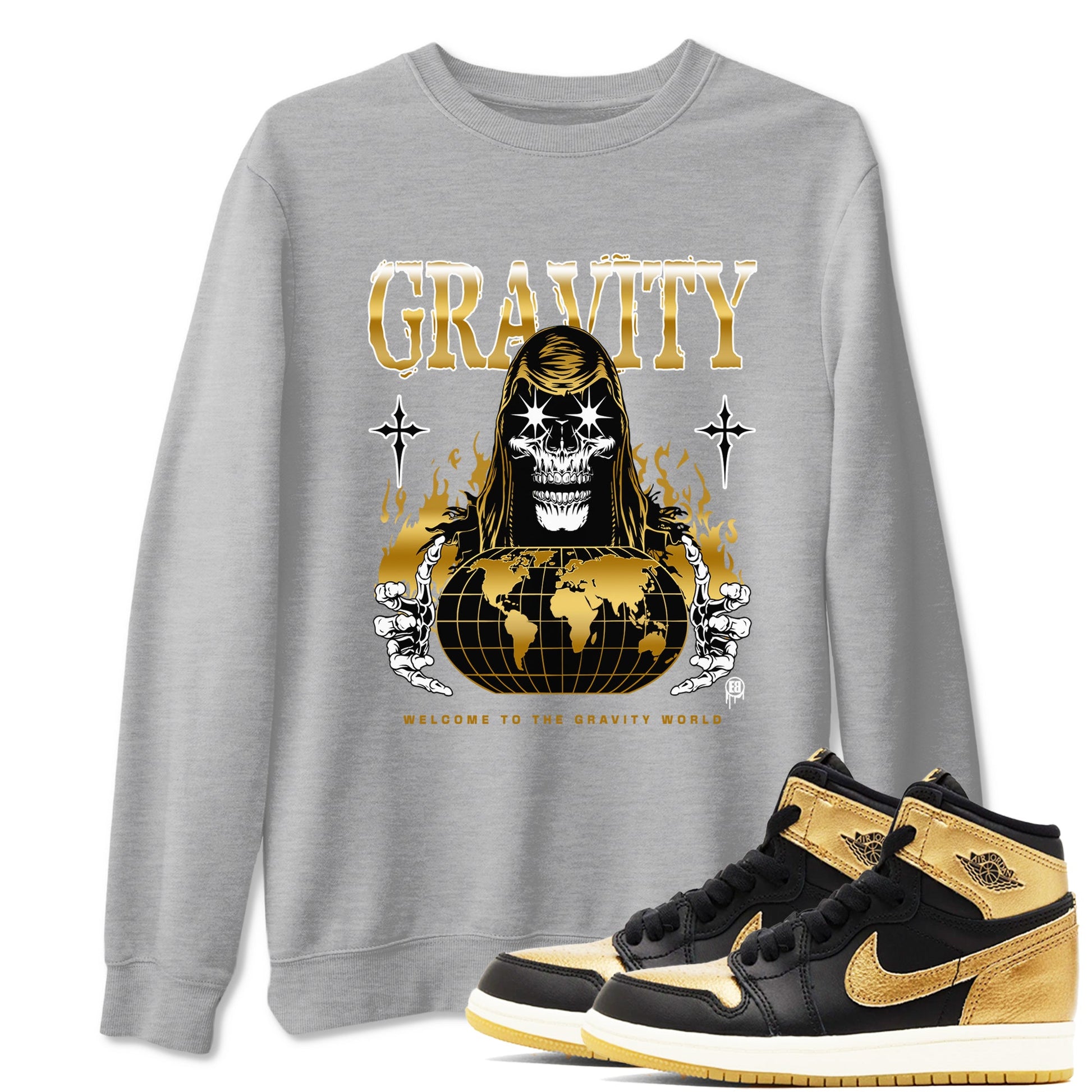 1s Black Metallic Gold shirts to match jordans Gravity sneaker match tees Jordan 1 High OG Black and Gold SNRT Sneaker Tees streetwear brand Heather Grey 1 unisex cotton tee