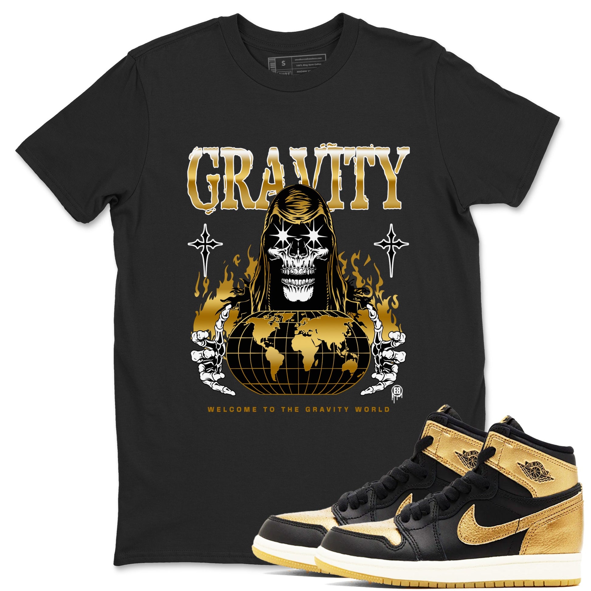 1s Black Metallic Gold shirts to match jordans Gravity sneaker match tees Jordan 1 High OG Black and Gold SNRT Sneaker Tees streetwear brand Black 1 unisex cotton tee