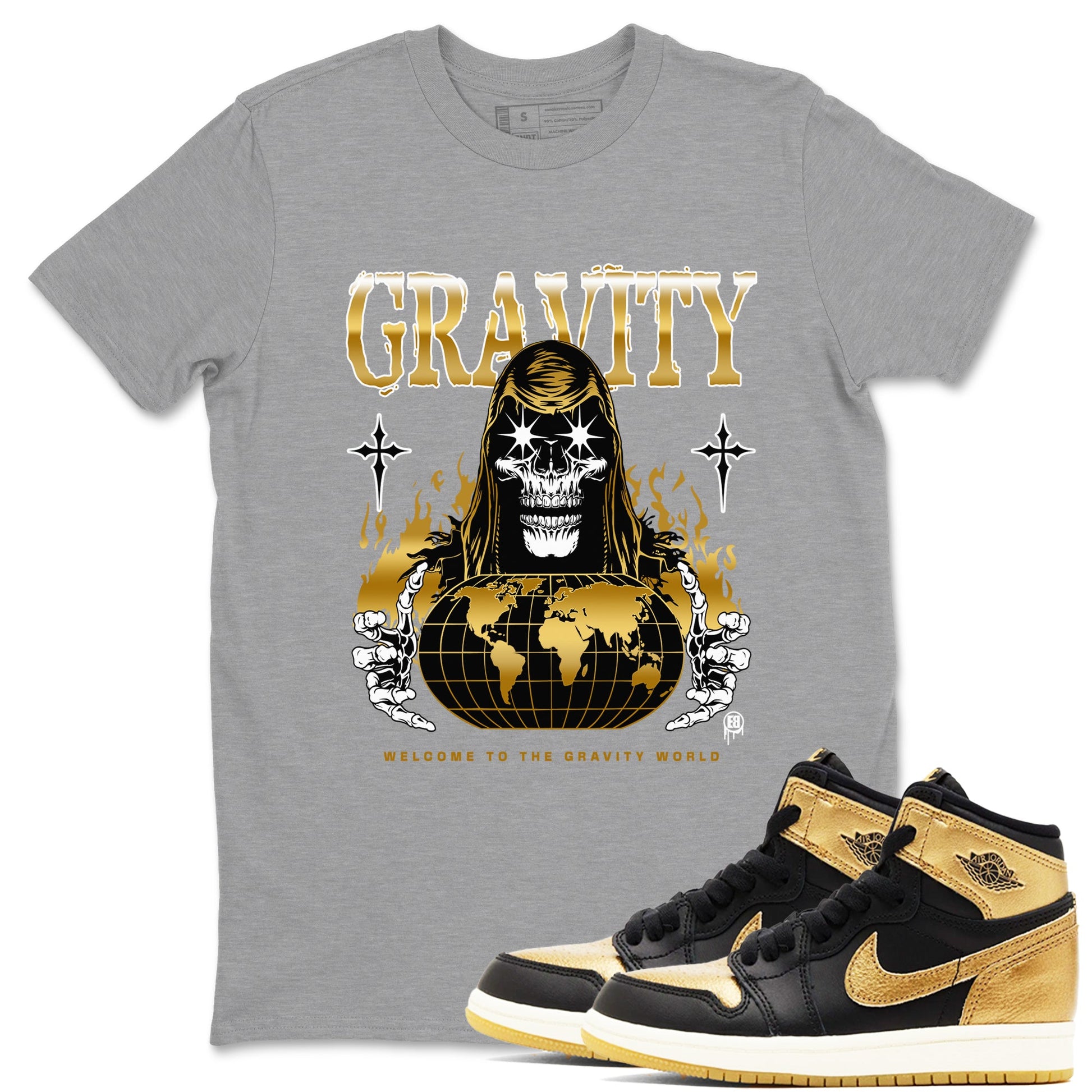 1s Black Metallic Gold shirts to match jordans Gravity sneaker match tees Jordan 1 High OG Black and Gold SNRT Sneaker Tees streetwear brand Heather Grey 1 unisex cotton tee