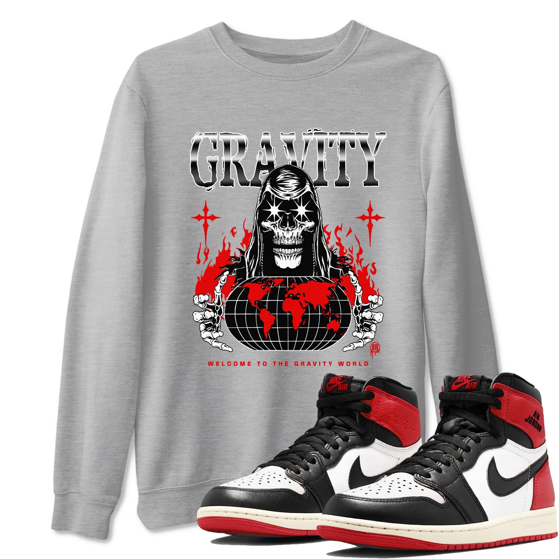 AJ1 Black Toe Reimagined shirts to match jordans Gravity sneaker match tees Air Jordan 1 Black Toe Reimagined SNRT Sneaker Tees streetwear brand Heather Grey 1 unisex cotton tee