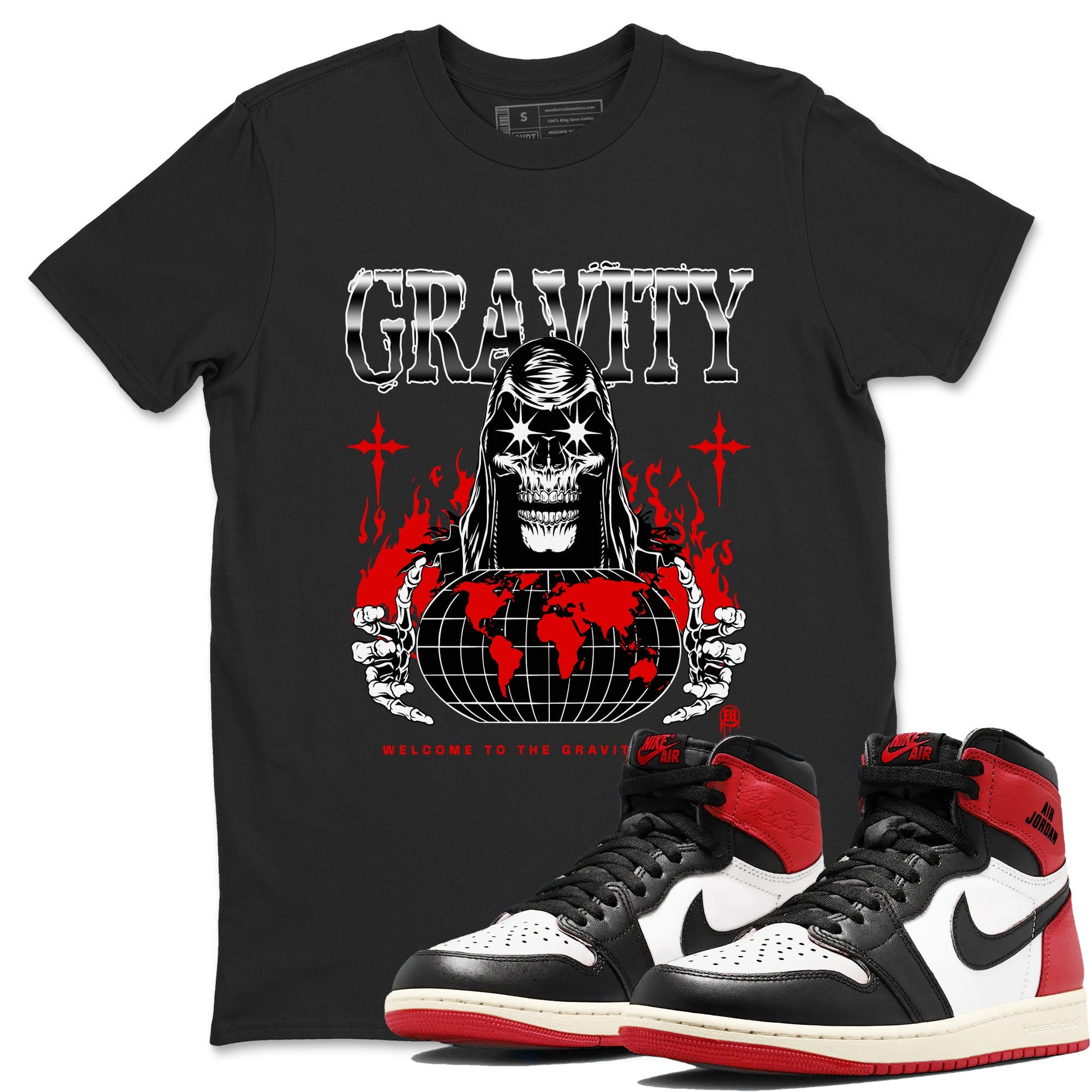 AJ1 Black Toe Reimagined shirts to match jordans Gravity sneaker match tees Air Jordan 1 Black Toe Reimagined SNRT Sneaker Tees streetwear brand Black 1 unisex cotton tee