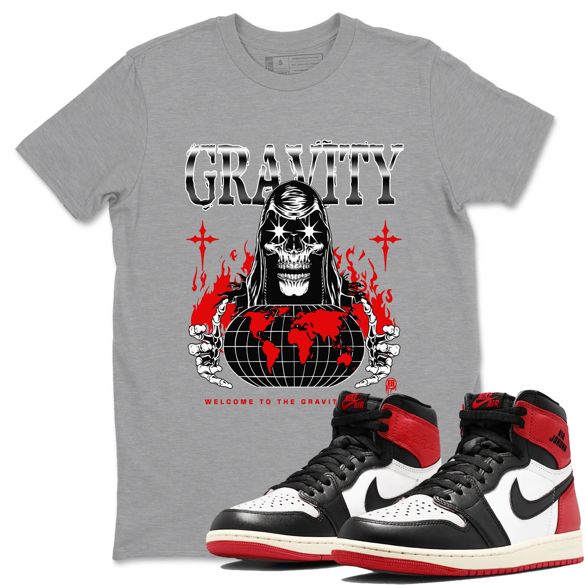 AJ1 Black Toe Reimagined shirts to match jordans Gravity sneaker match tees Air Jordan 1 Black Toe Reimagined SNRT Sneaker Tees streetwear brand Heather Grey 1 unisex cotton tee