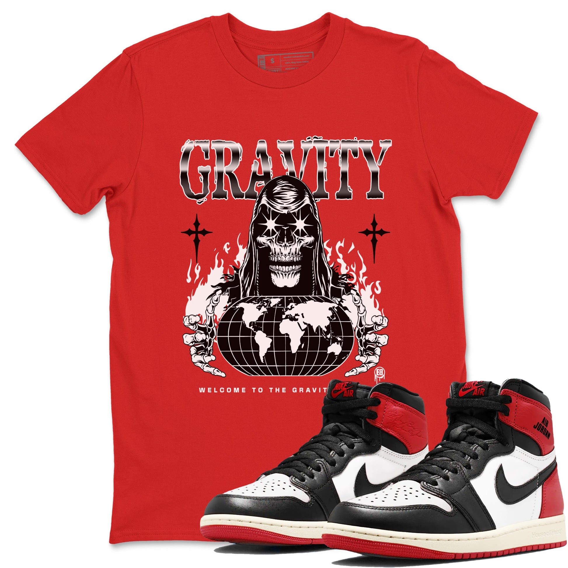 AJ1 Black Toe Reimagined shirts to match jordans Gravity sneaker match tees Air Jordan 1 Black Toe Reimagined SNRT Sneaker Tees streetwear brand Red 1 unisex cotton tee
