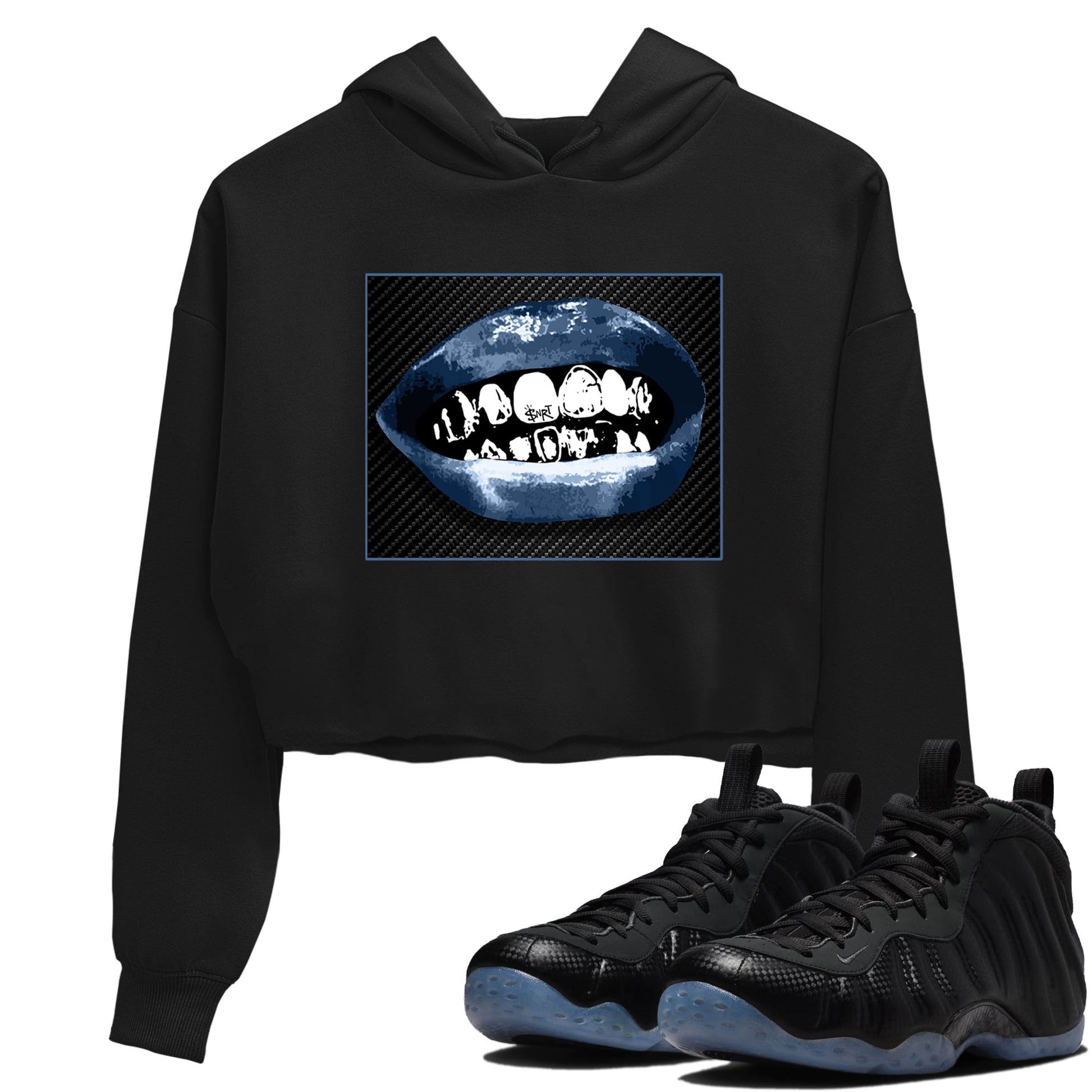 Sneaker Threads – Sneaker Tees To Match Air Foamposite One Carbon Fiber – Grillz Lips Crop Tee Black 1. Perfect for Jordan releases 2025 colorways.
