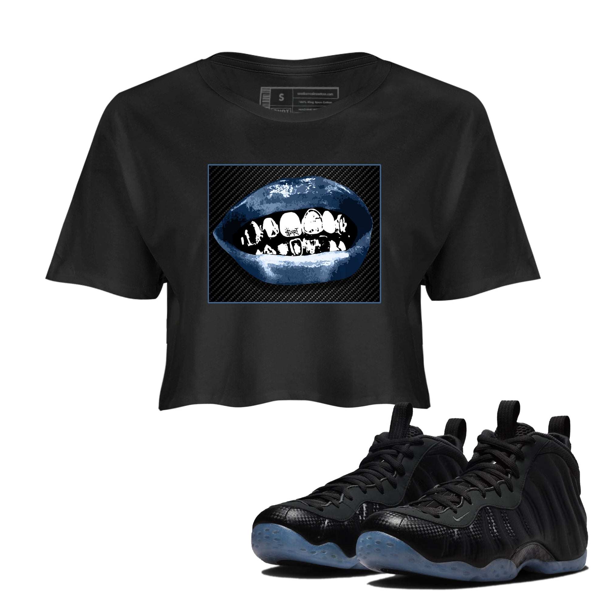 Sneaker Threads – Sneaker Tees To Match Air Foamposite One Carbon Fiber – Grillz Lips Crop Tee Black 1. Perfect for Jordan releases 2025 colorways.