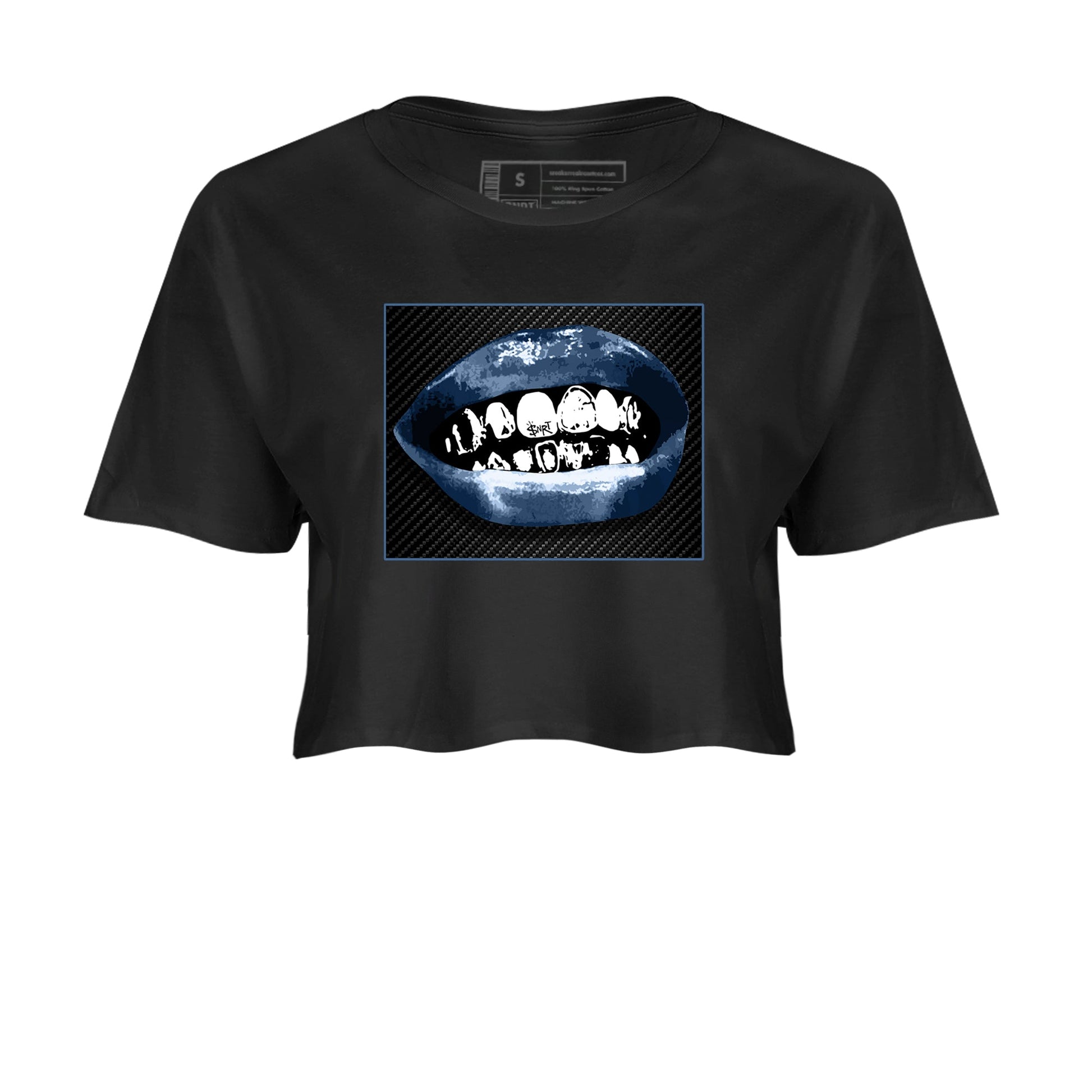Sneaker Threads – Sneaker Tees To Match Air Foamposite One Carbon Fiber – Grillz Lips Crop Tee Black 2. Perfect for Jordan releases 2025 colorways.