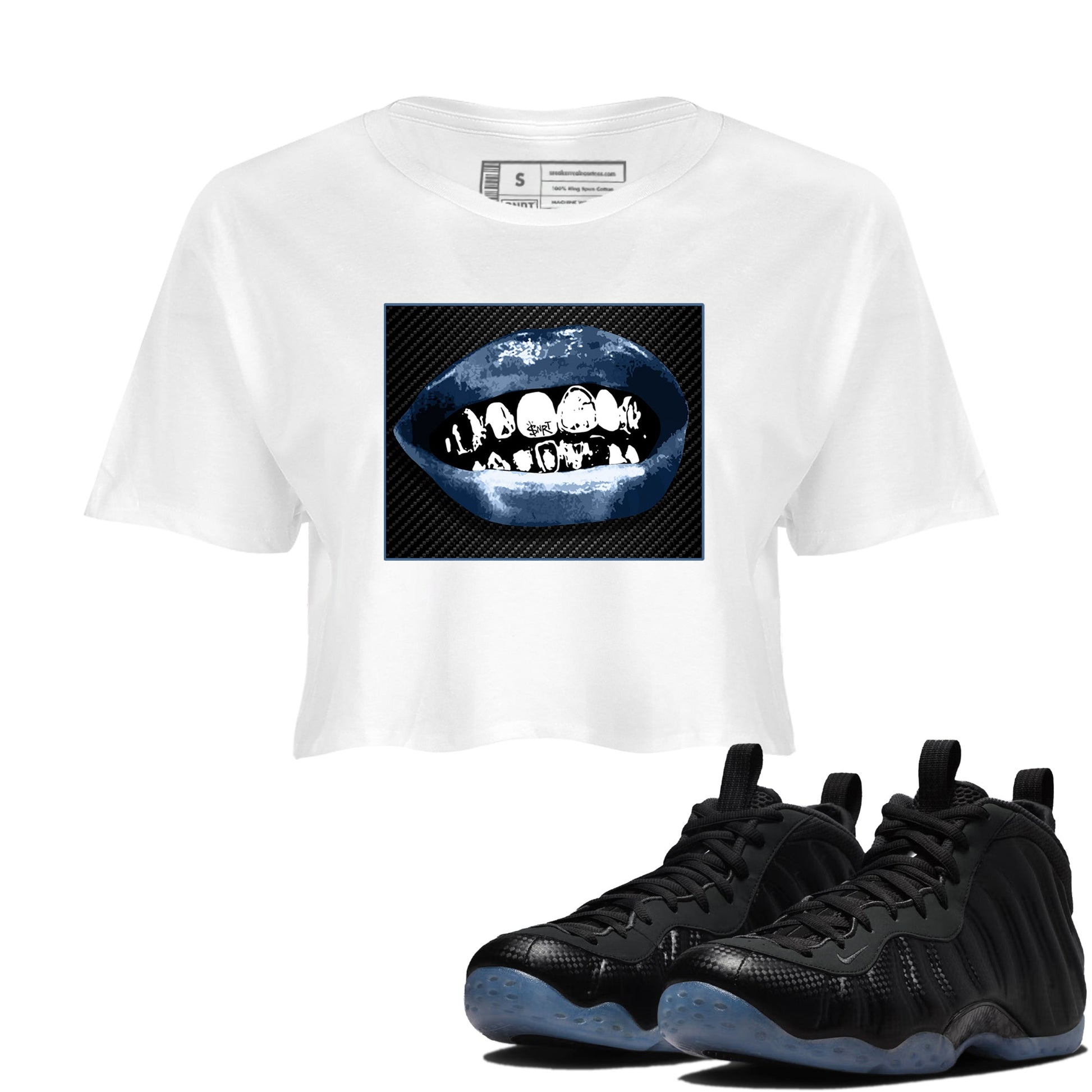 Sneaker Threads – Sneaker Tees To Match Air Foamposite One Carbon Fiber – Grillz Lips Crop Tee White 1. Perfect for Jordan releases 2025 colorways.