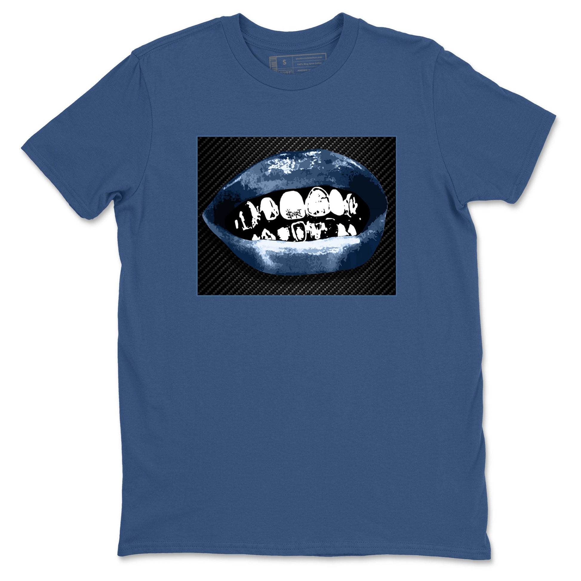 Sneaker Threads – Sneaker Tees To Match Air Foamposite One Carbon Fiber – Grillz Lips Graphic Tee Denim Blue 2. Perfect for Jordan releases 2025 colorways.