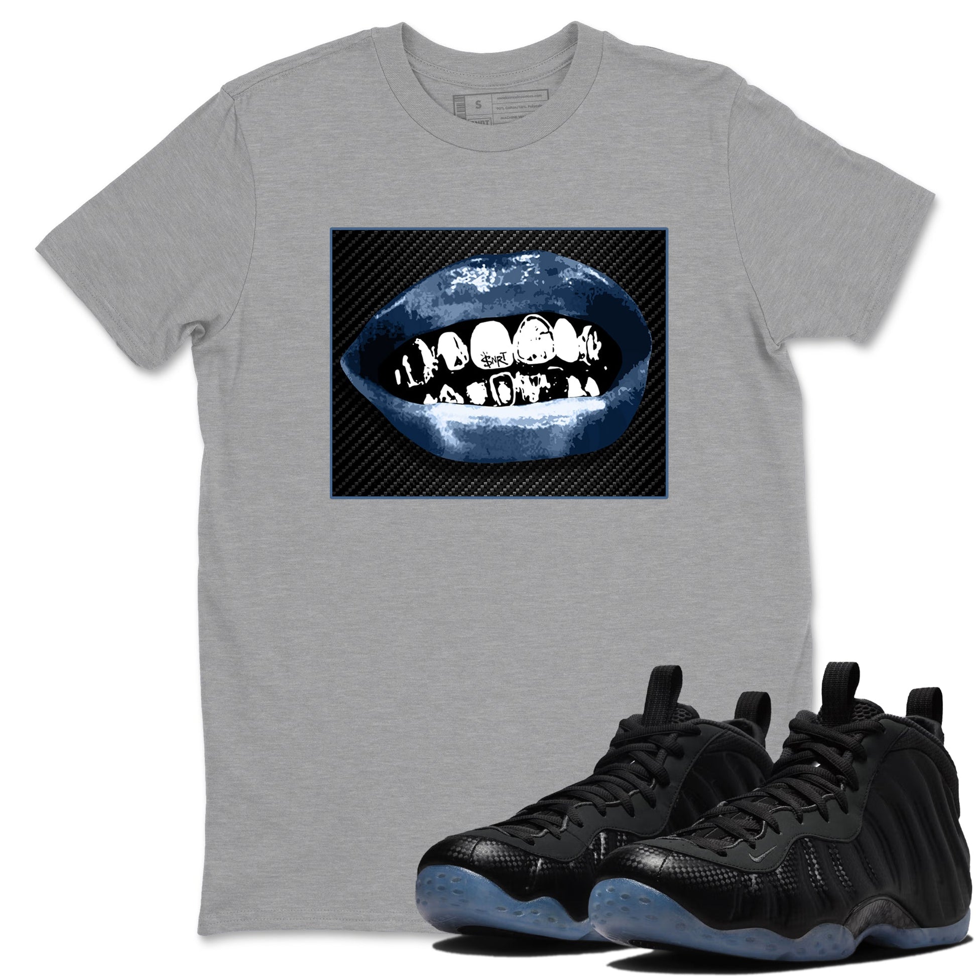 Sneaker Threads – Sneaker Tees To Match Air Foamposite One Carbon Fiber – Grillz Lips Graphic Tee Heather Grey 1. Perfect for Jordan releases 2025 colorways.