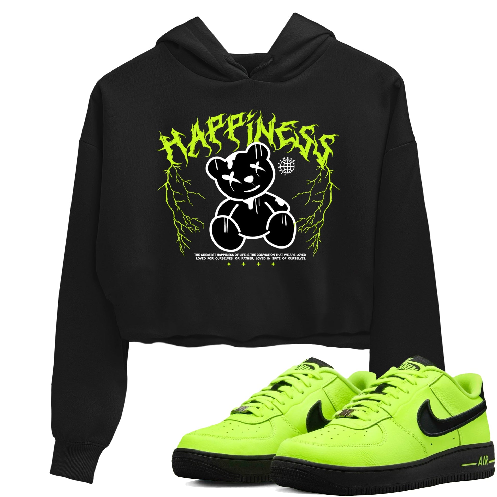 Air Force 1 Low Dance Volt t-shirts to match sneakers Happiness Bear sneaker match tees Air Force 1 Volt match shoes to clothes SNRT Sneaker Tees unisex cotton Black 1 crop tee