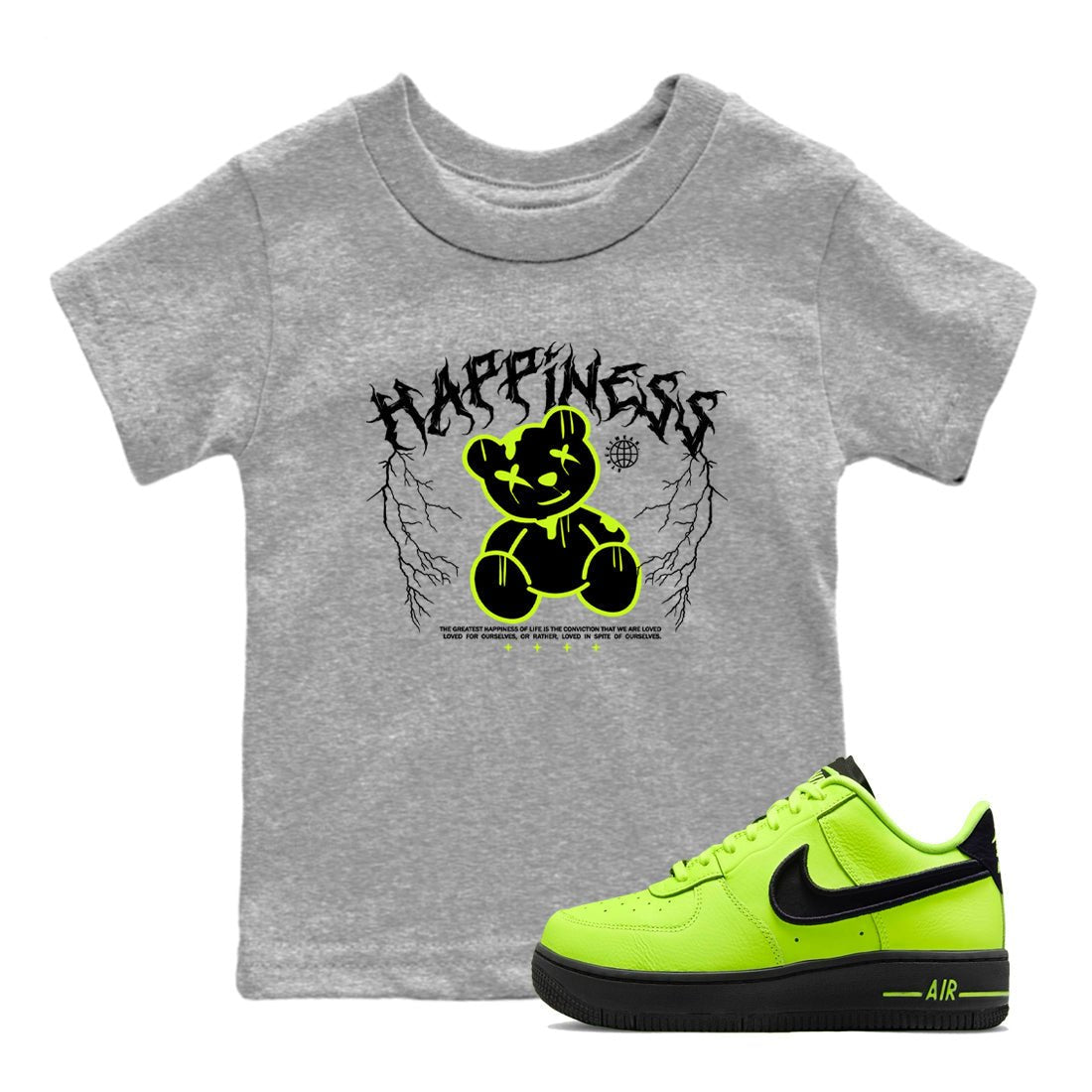 Air Force 1 Low Dance Volt t-shirts to match sneakers Happiness Bear sneaker match tees Air Force 1 Volt match shoes to clothes SNRT Sneaker Tees Youth Baby Heather Grey 1 tee