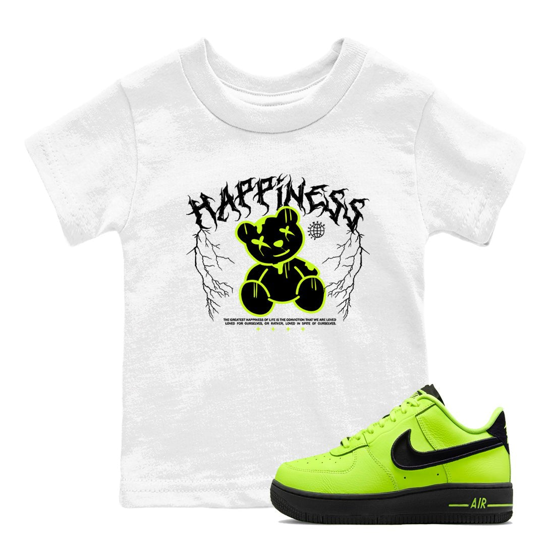Air Force 1 Low Dance Volt t-shirts to match sneakers Happiness Bear sneaker match tees Air Force 1 Volt match shoes to clothes SNRT Sneaker Tees Youth Baby White 1 tee