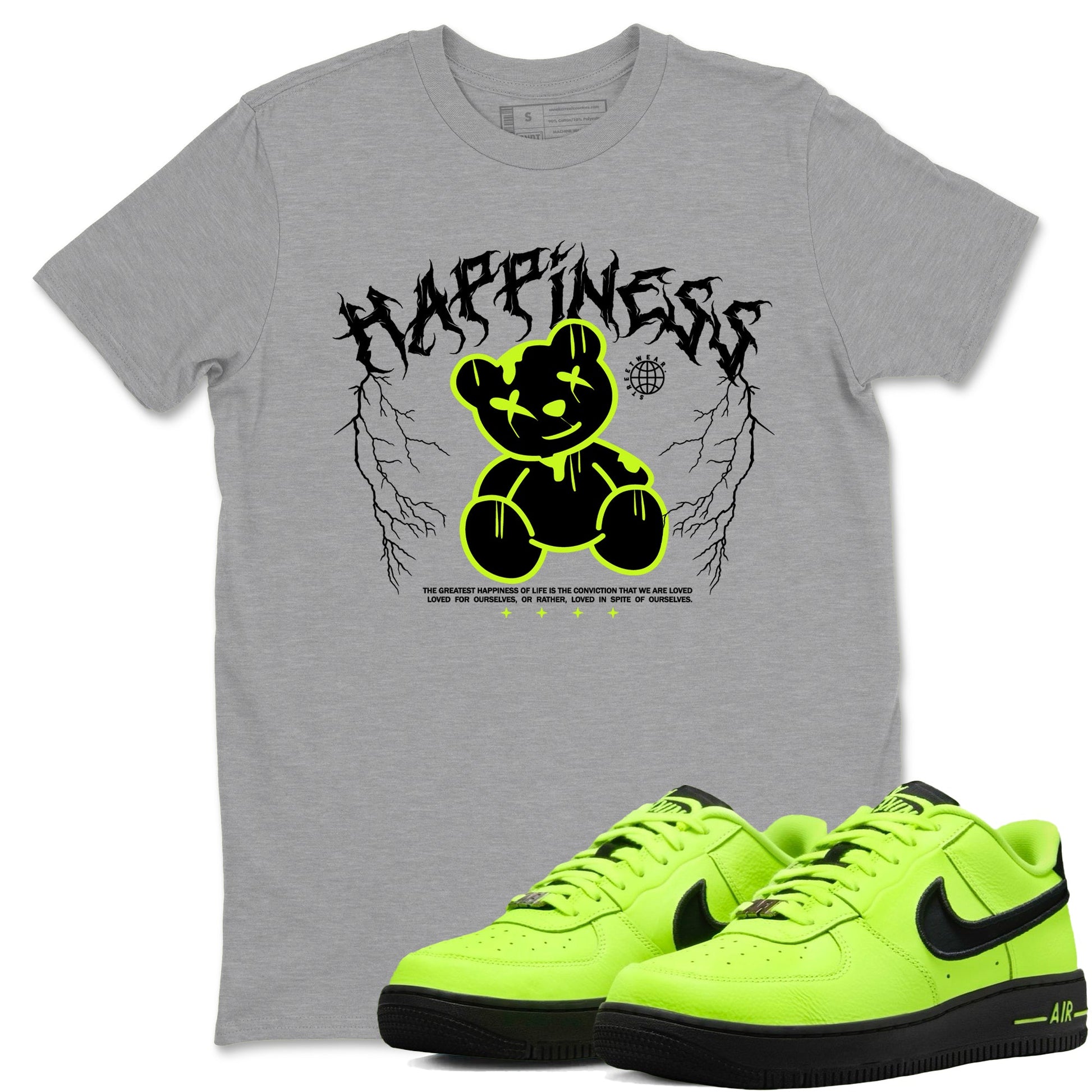 Air Force 1 Low Dance Volt t-shirts to match sneakers Happiness Bear sneaker match tees Air Force 1 Volt match shoes to clothes SNRT Sneaker Tees unisex cotton Heather Grey 1 shirts
